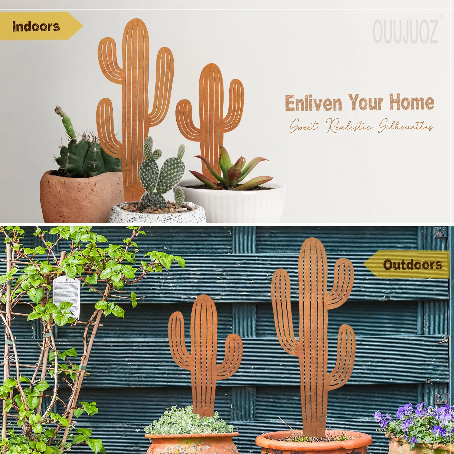 Lot de 2 cactus en métal pour décoration extérieure, plantes en acier, art de cour