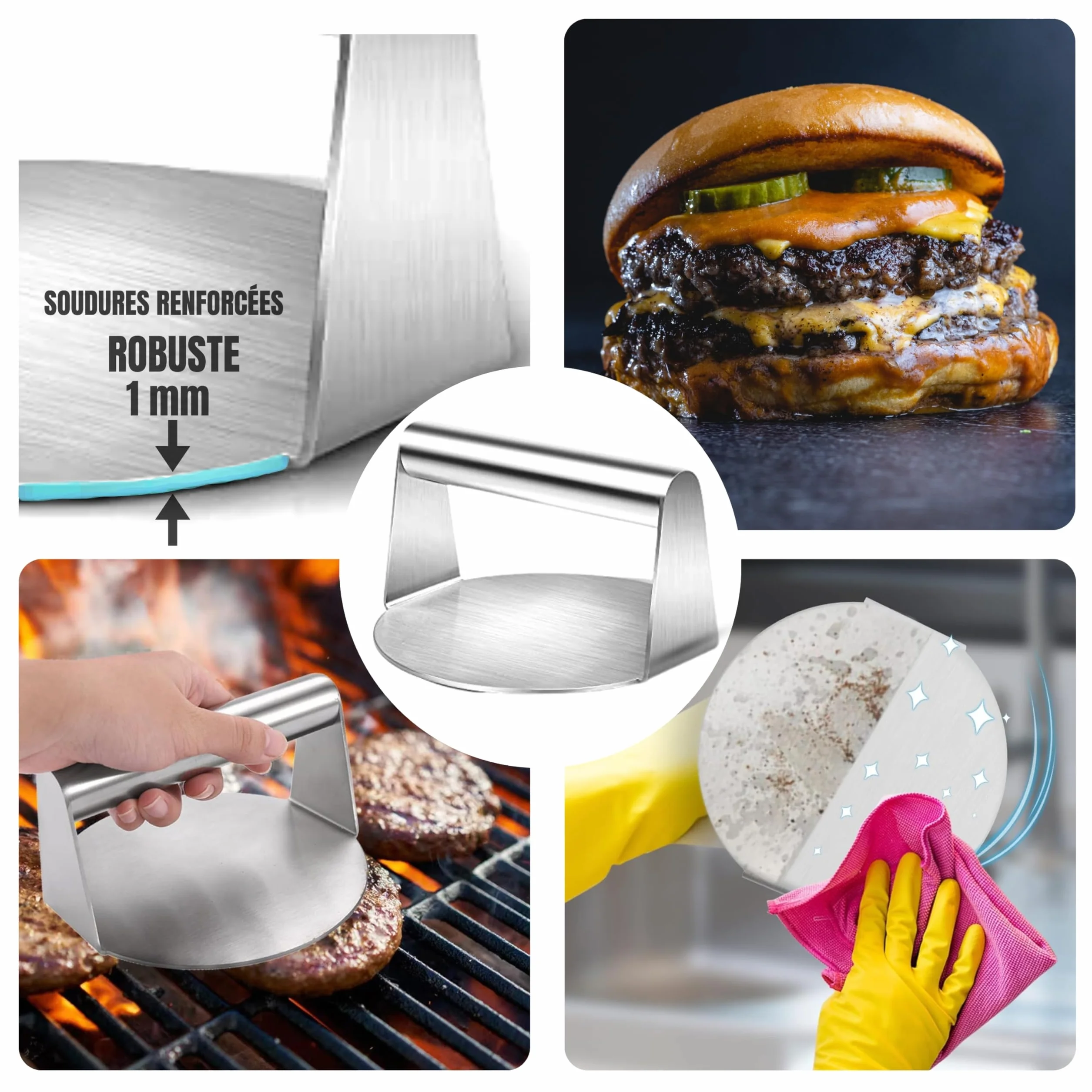 Kit Smash Burger 6 Pièces Noir – Presse Hamburger, Spatules INOX, Cloches Fromage