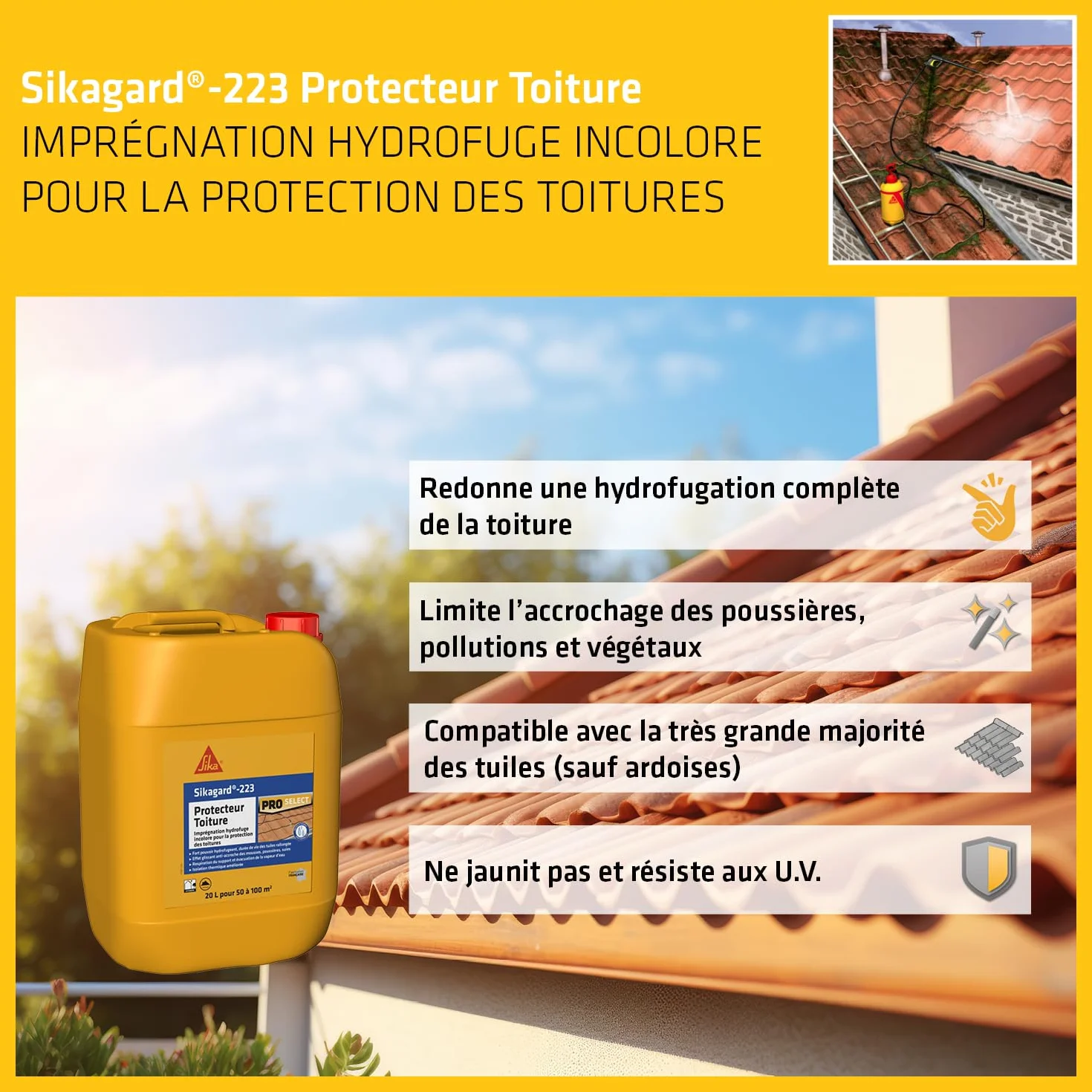 SIKA - Sikagard 223 Protecteur Toiture - Imperméabilisant, hydrofuge, incolore pour toitures - Protection longue durée, 20L=environ 50m² à 100m², Transparent