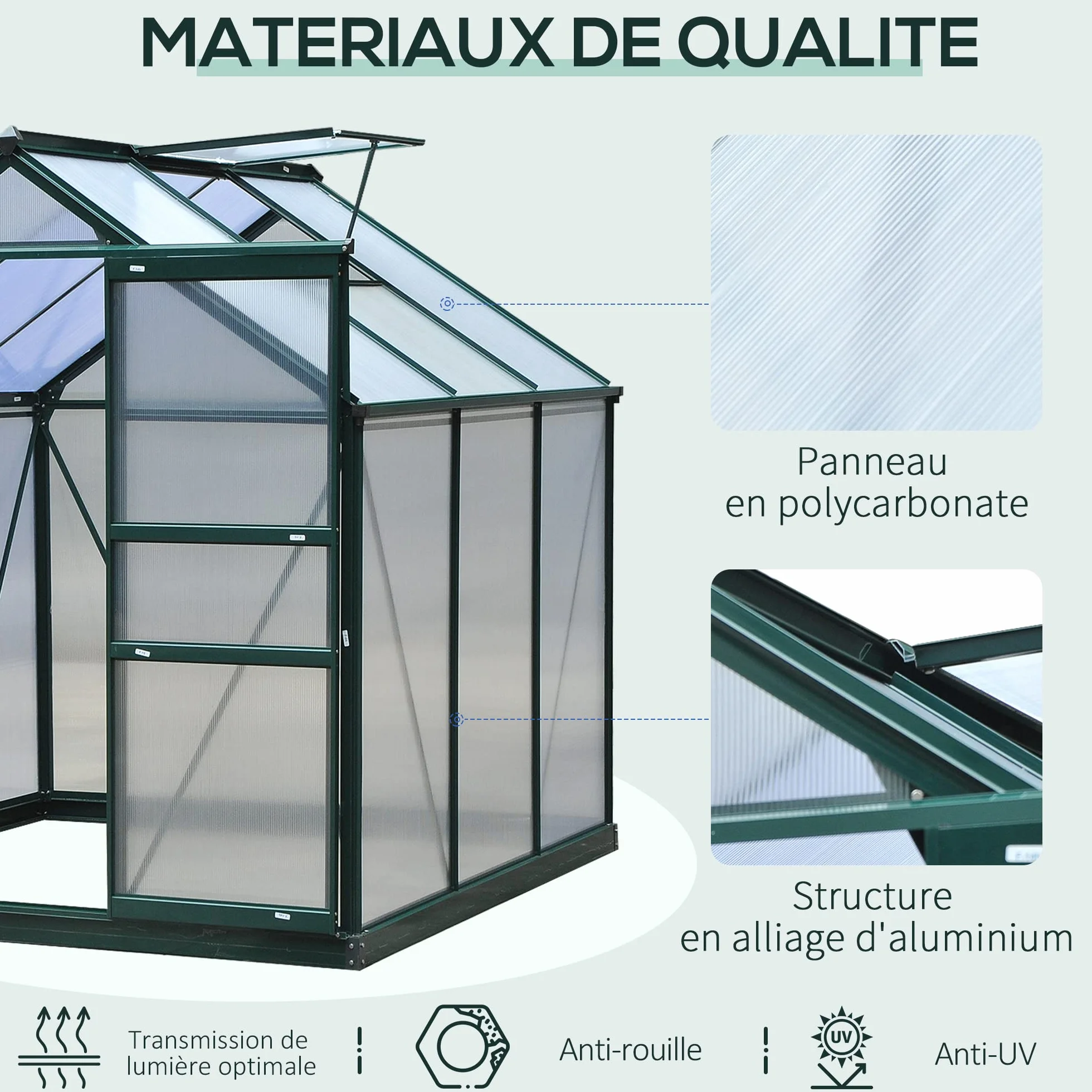 Outsunny Serre de Jardin Polycarbonate 3,65 m² 190 x 192 x 201 cm résistant aux UV