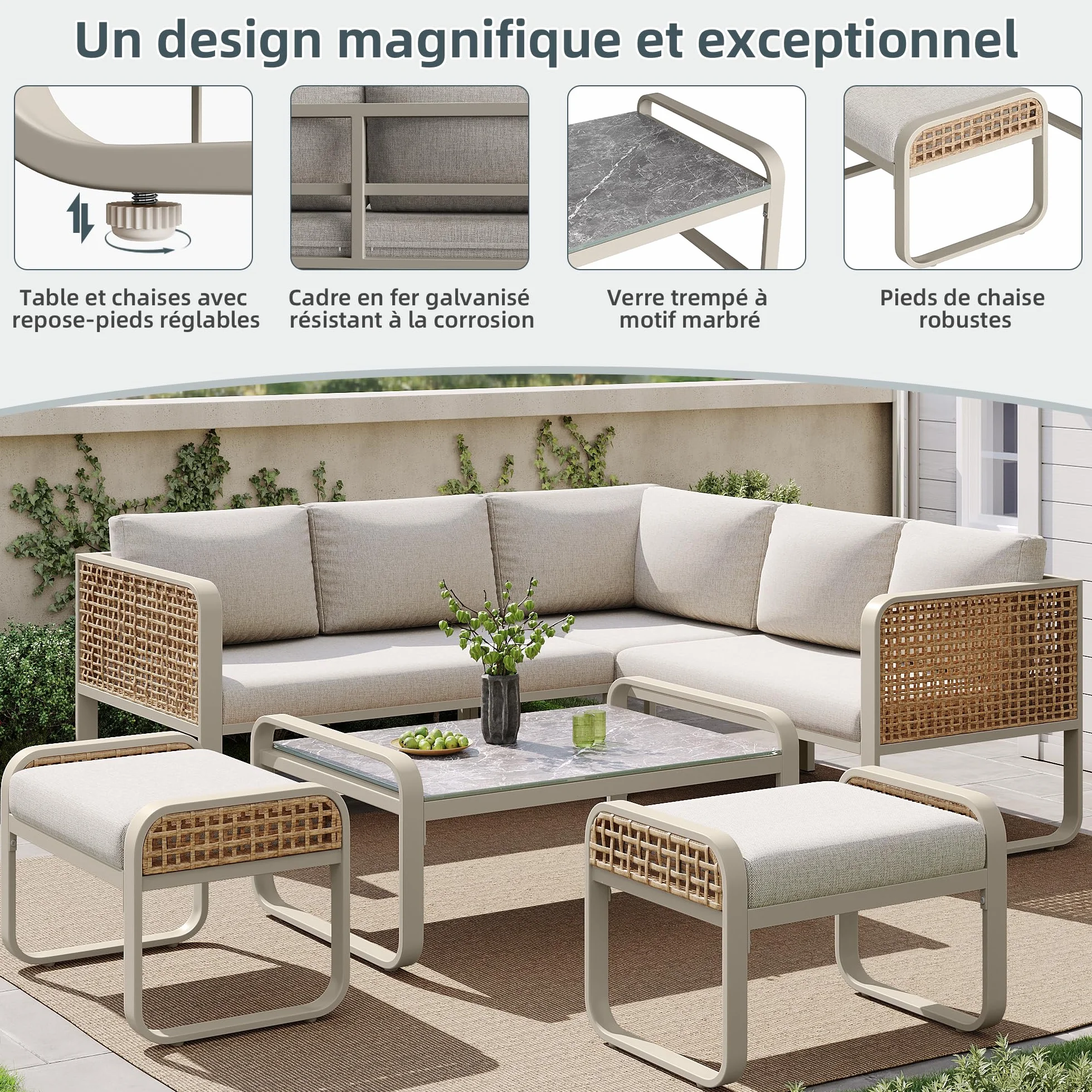 Ensemble Salon de Jardin 6 Pièces Canapé d’Angle Rotin Pieds Réglables Mobilier d’Extérieur Beige