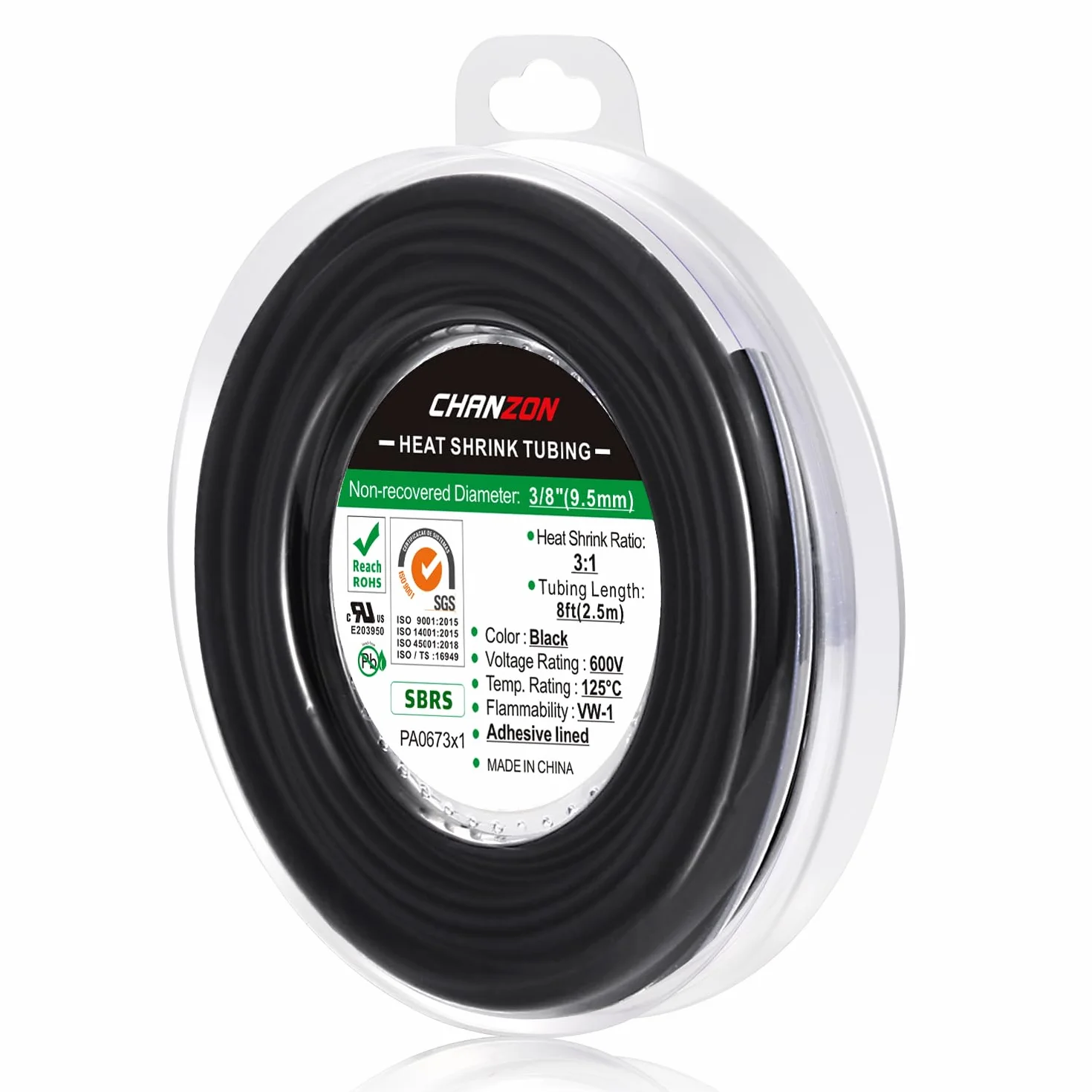 Chanzon Gaine thermorétractable 3:1 Ratio 3/8" (9,5 mm) Doublure adhésive étanche de qualité marine Rouleau de 8 pieds (longueur totale de 2,5 m) Gaine en polyoléfine noire rétractable 1 pièces