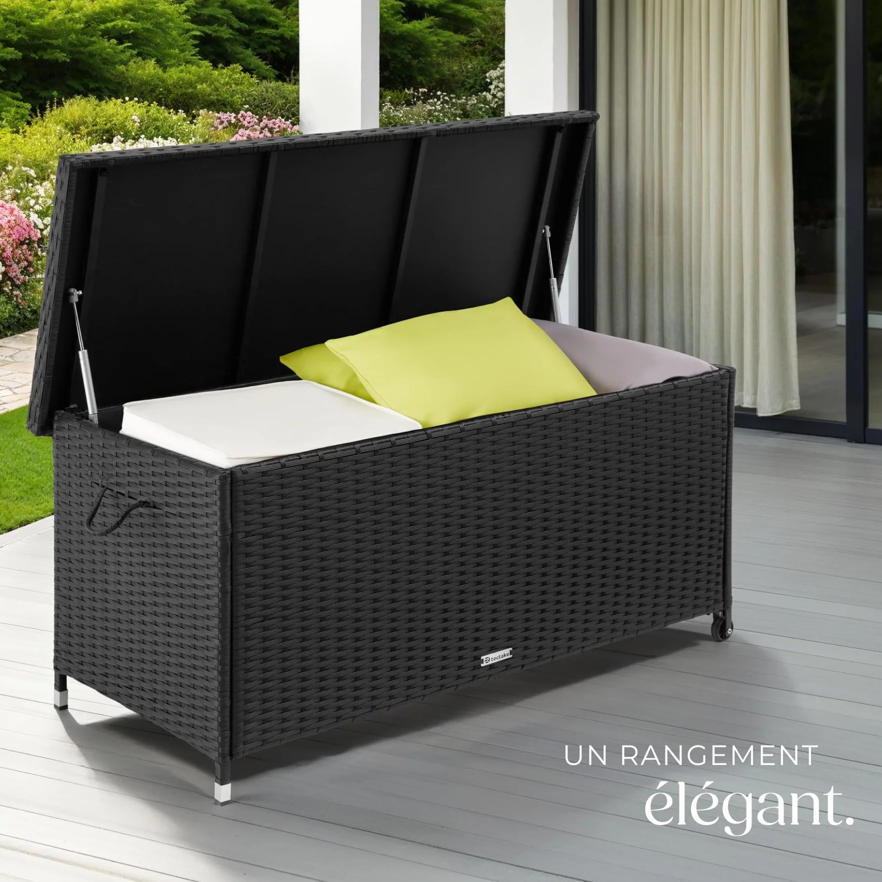 tectake Coffre de Jardin 270L Aspect Rotin 120x55x61.5cm avec Roulettes Couvercle Rabattable