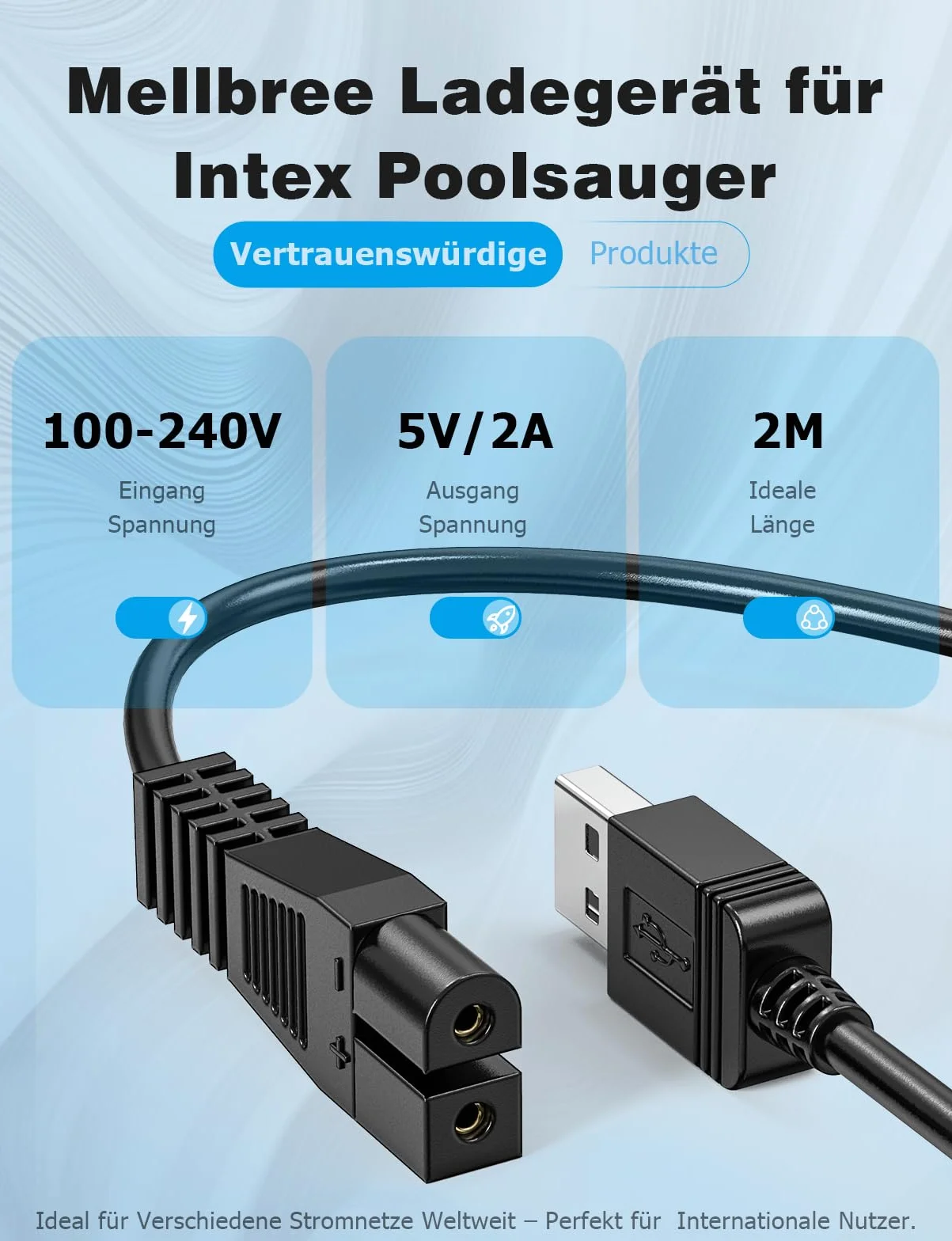 Mellbree Câble de charge USB 2m pour aspirateur de piscine Intex ZR100 28626 28620 NP