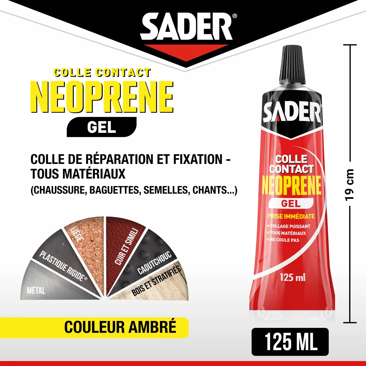 Sader Colle Contact Néoprène Gel – Colle Extra Forte Tous Matériaux – Prise Immédiate – Idéale pour Supports Poreux ou Verticaux–Transparente –Tube 125 ml, Ambré - l'emballage de l'article peut varier