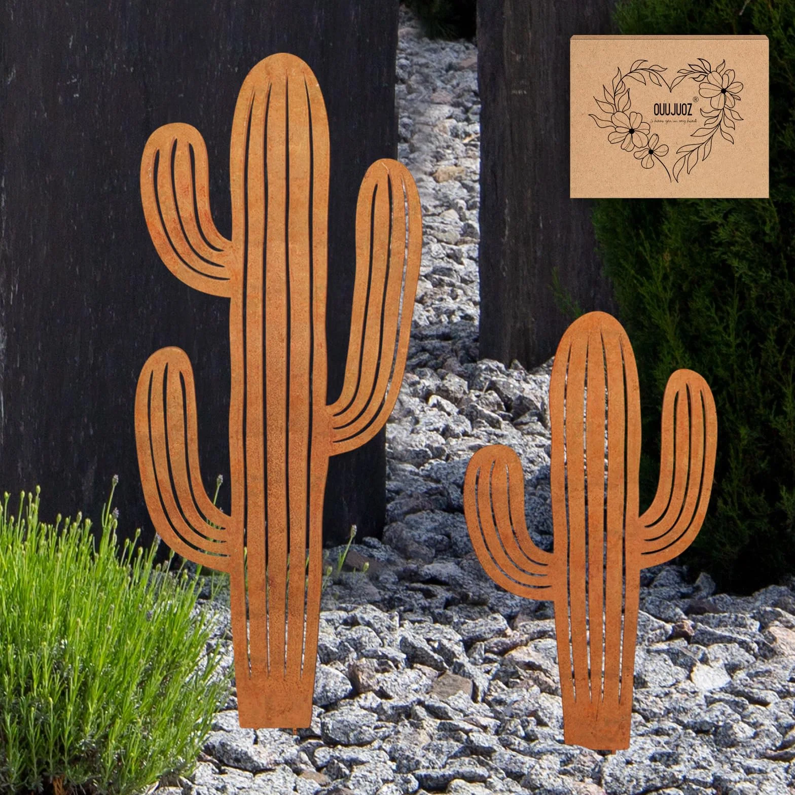 Lot de 2 cactus en métal pour décoration extérieure, plantes en acier, art de cour