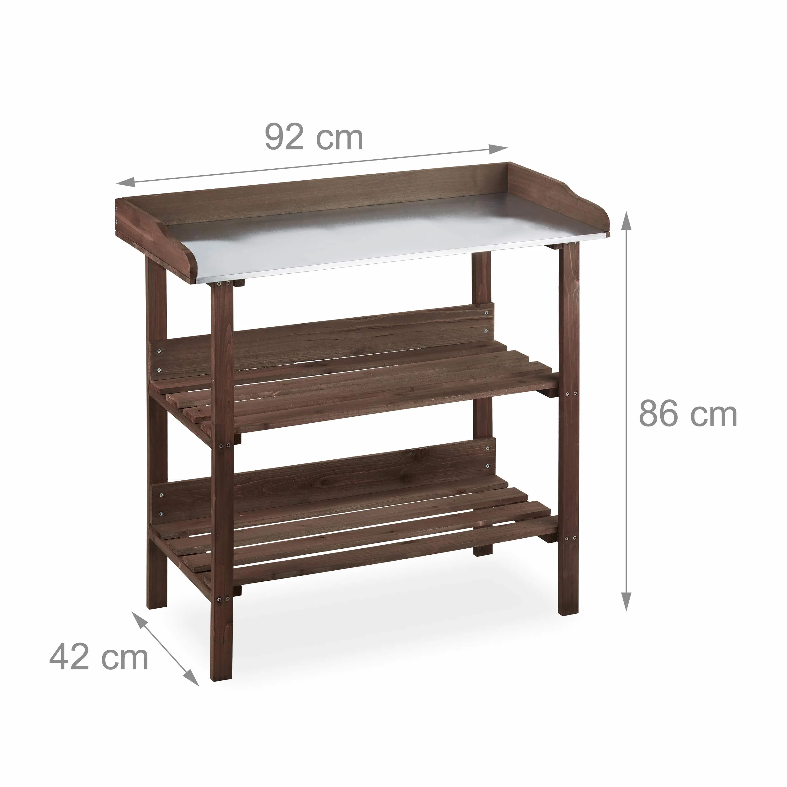 Relaxdays Plaque métallique Table de dépotage avec rangements Bois 86 x 92 x 41 cm Marron