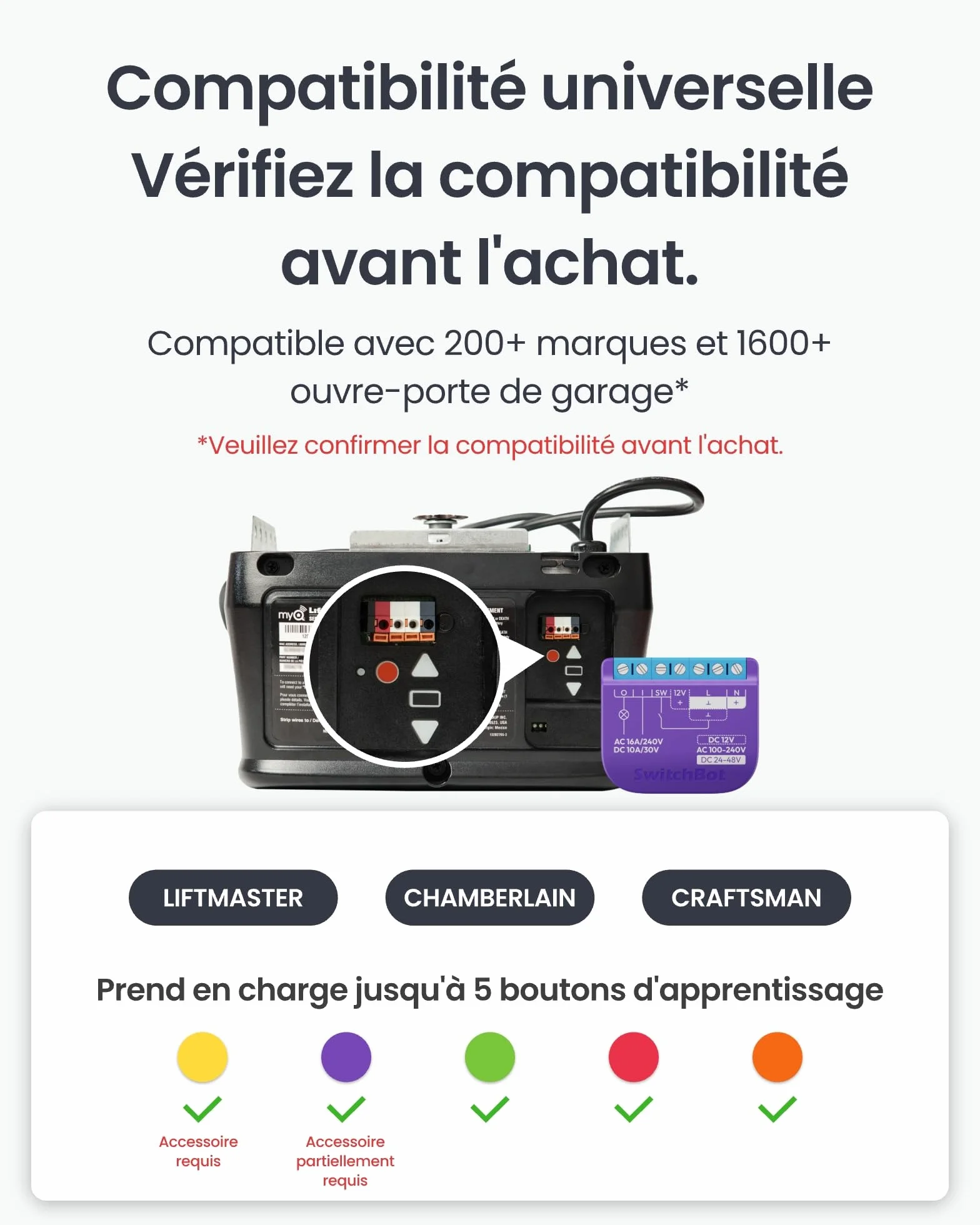 SwitchBot Smart Wi-Fi Ouvre-porte de garage certifié Matter, contrôle par application, Alexa/Google/Siri/IFTTT/SmartThings pris en charge, plusieurs modes de notification, aucun hub nécessaire