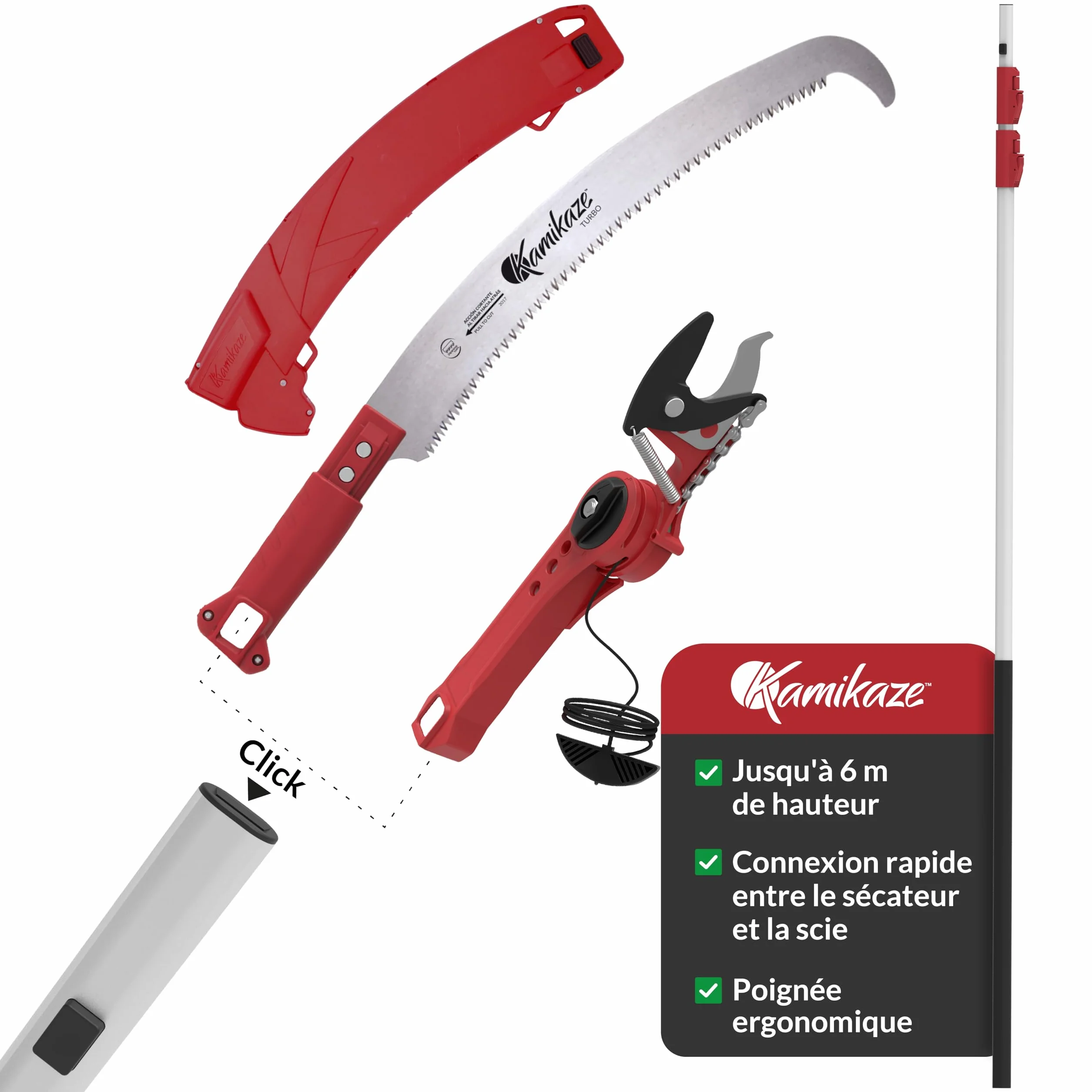 Kamikaze Kit d’Élagage en Hauteur 3 en 1 de 6m – Coupe-Branche Télescopique avec Sécateur Télescopique + Scie Télescopique, Tête Rotative, Attache Rapide, Compatible avec Outils Wolf (3 x 2 m)