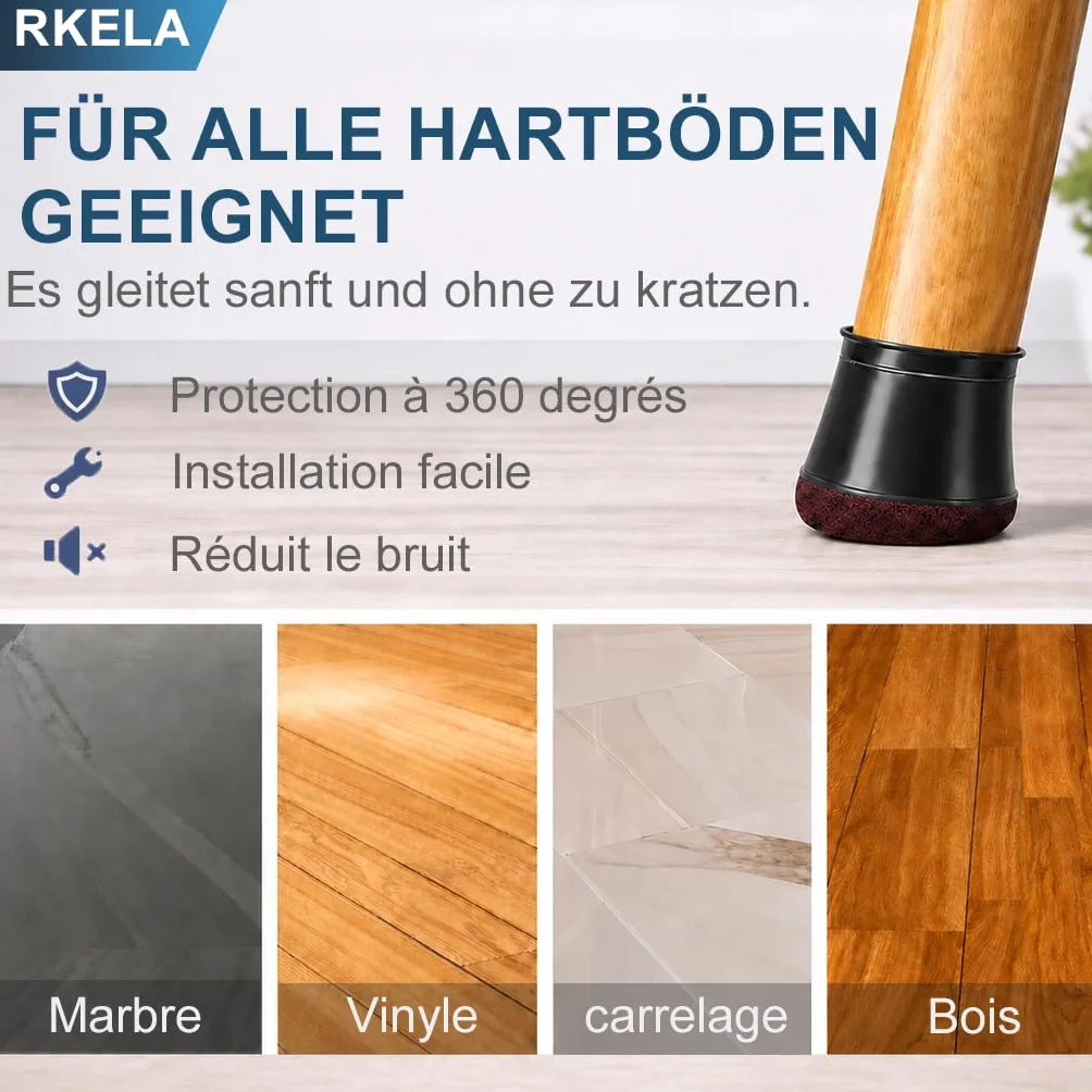 32 pièces Protection Pied de Chaise, Patins pour Chaises en Silicone avec Feutre épaissi, Noir Petit Patin de Chaise Protections Tampon de Sol, réduire Les Rayures