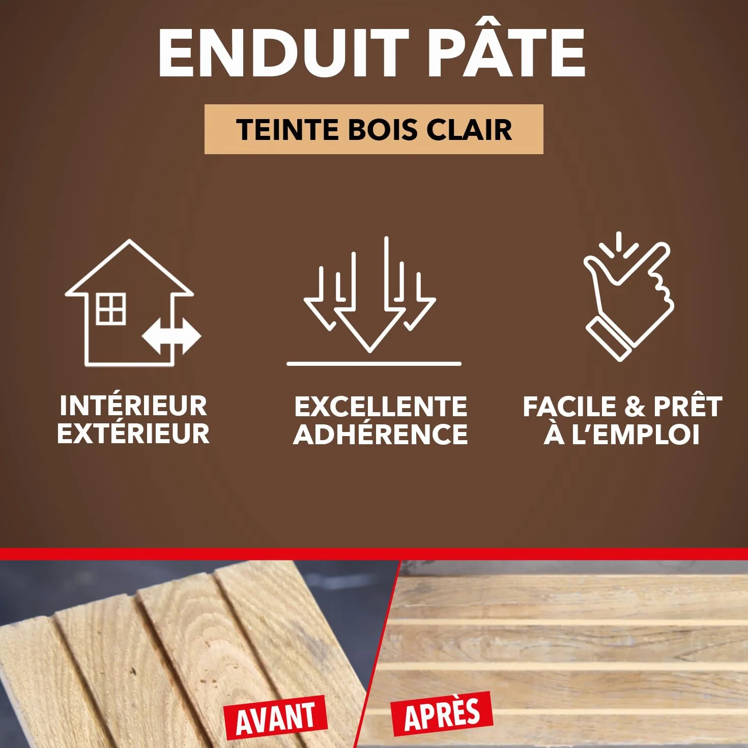 SINTO Rebouche gros trous et fissures bois clair 1kg, prêt à l'emploi, excellente adhérence, ne fendille pas, séchage rapide, bois et dérivés, intérieur et extérieur
