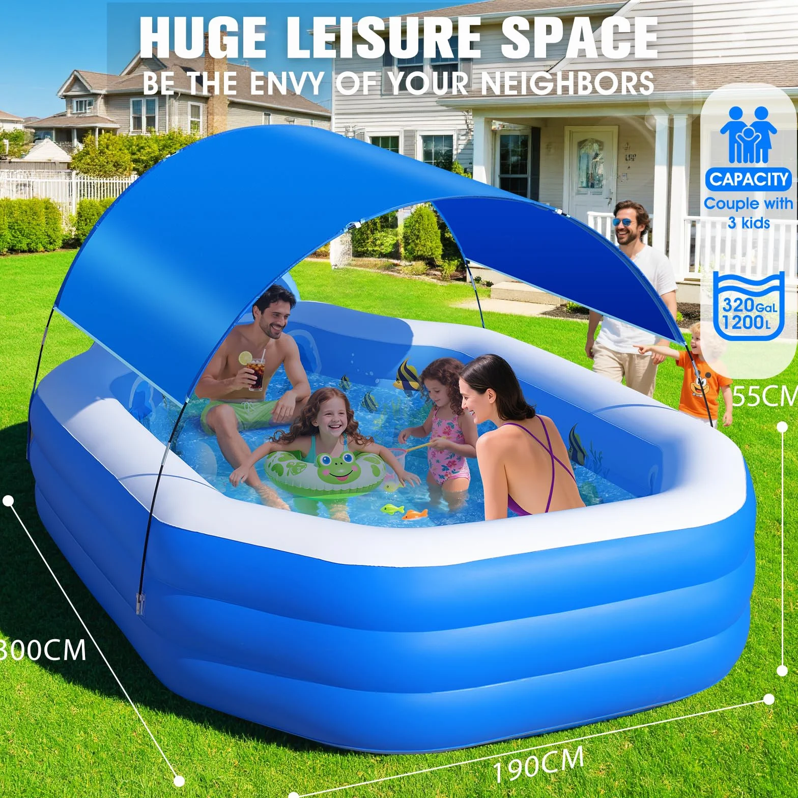 ChlorBlu Piscine Gonflable 300x190x55cm Rectangulaire avec Auvent Sièges pour Jardin Extérieur