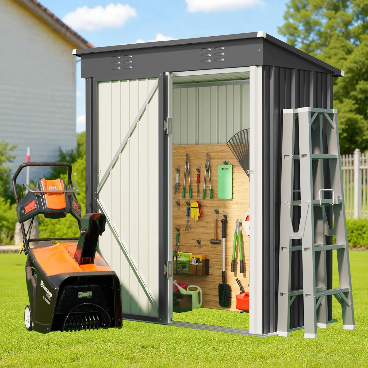 Abri De Jardin Métallique 182x161x94 cm Gris avec Étagères Toit Incliné Ventilation
