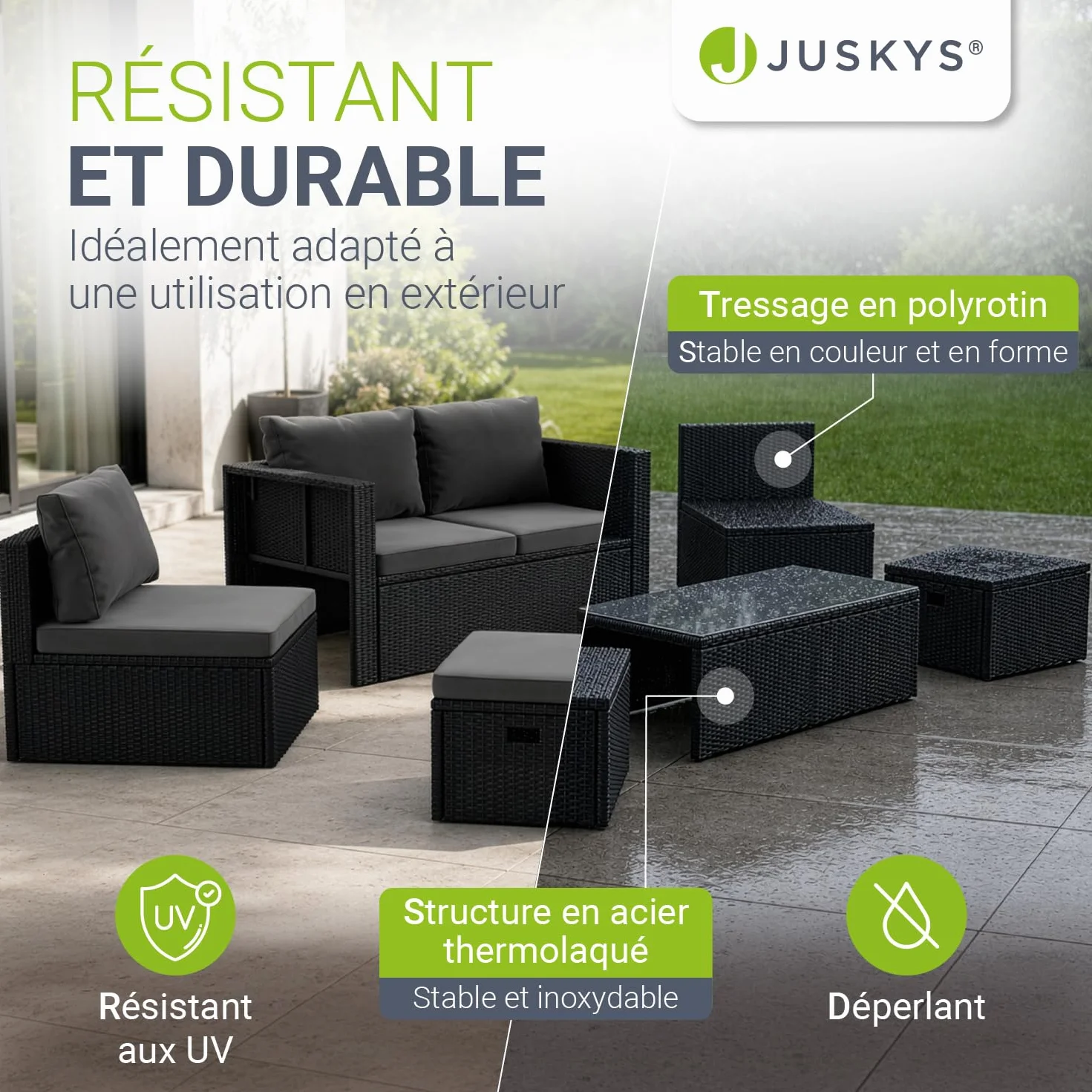 Juskys Salon de Jardin Salou polyrotin pour 6 Personnes Noir résistant aux intempéries