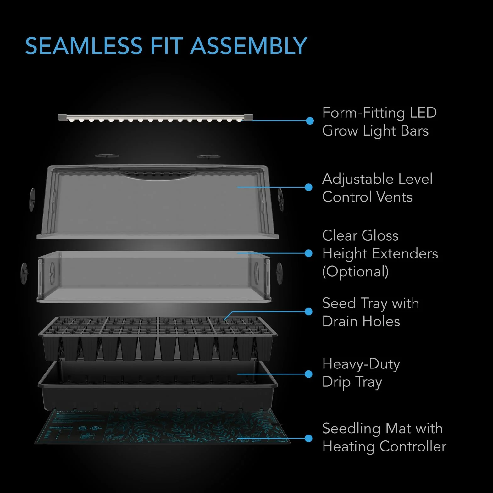 AC Infinity Grand dôme d'humidité Robuste 15,2 x 30,5 cm avec Tapis de semis imperméable, Barres Lumineuses à Del Spectre Complet, diodes Samsung LM301H Evo