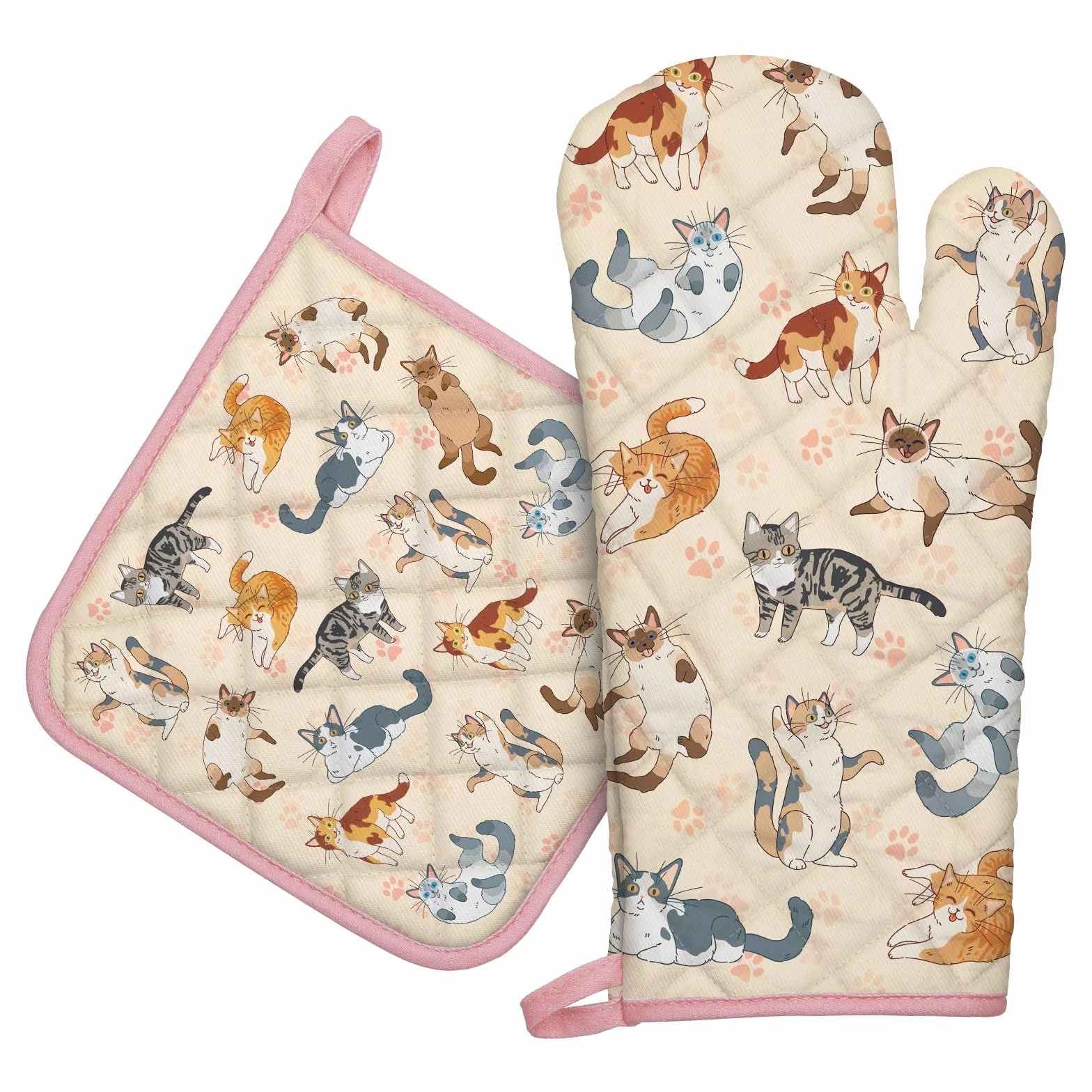Gants De Four & Maniques Lot De 2, 100% Coton Anti Chaleur Extra-Longue pour Cuisine, Barbecue, Micro-Ondes (Chat de Dessin animé)