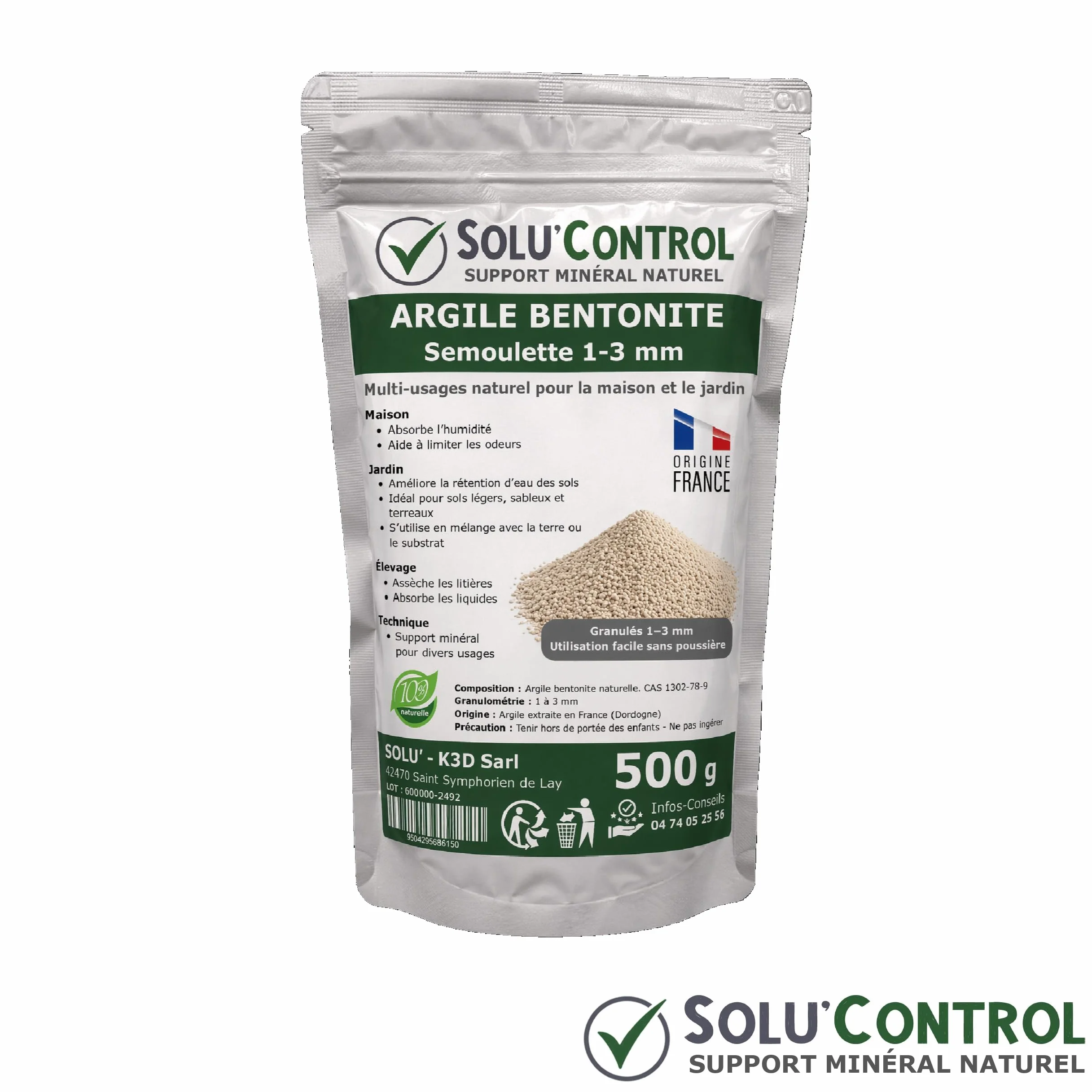 SOLU'CONTROL Argile Bentonite Naturelle 500 g – Améliore la Rétention en Eau des Sols et Terreaux – Agriculture Biologique