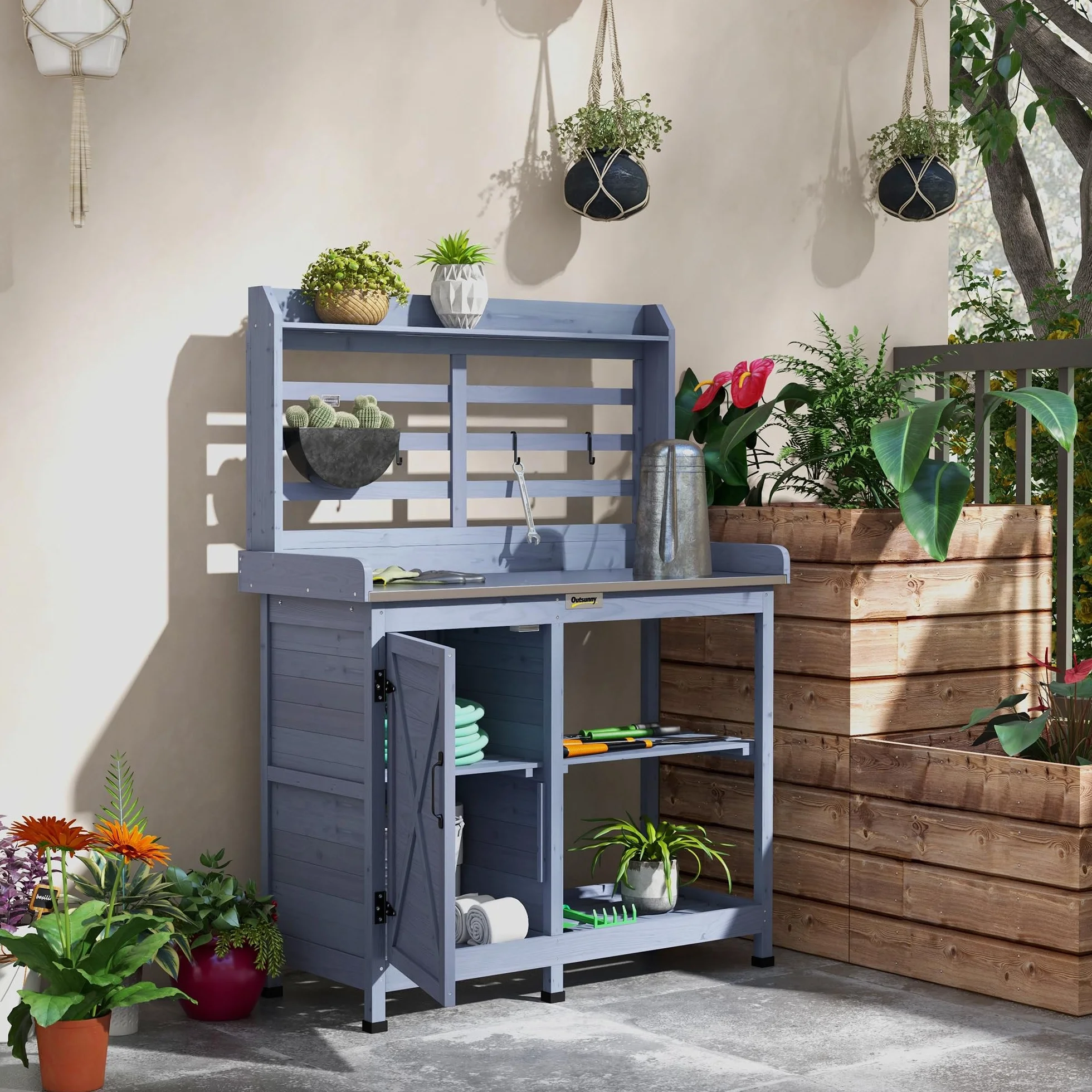 Outsunny Table de jardinage en bois avec armoire et étagères, 112 x 47 x 146cm, gris