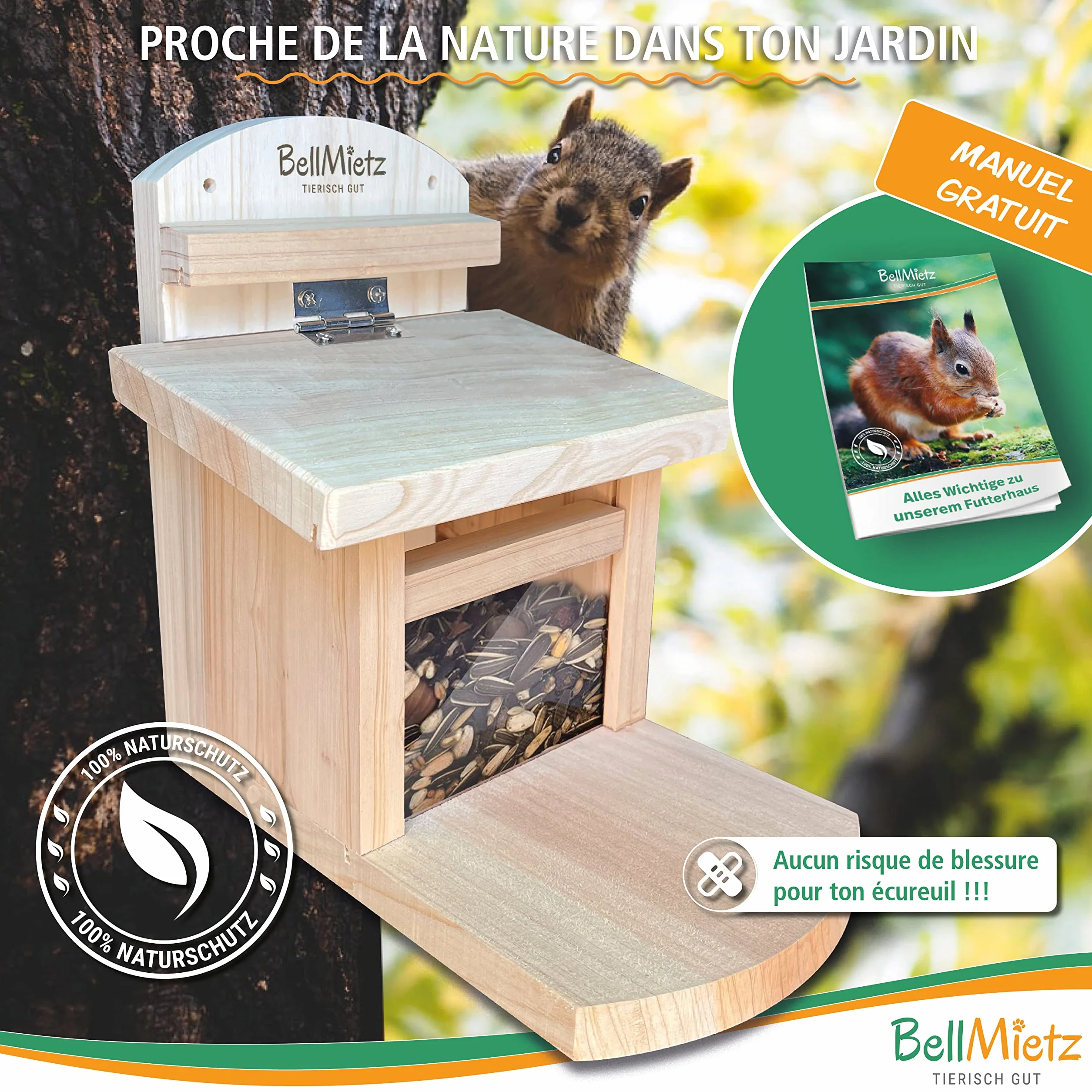 Mangeoire pour écureuils en bois certifié FSC avec système de ventilation innovant résistante aux intempéries