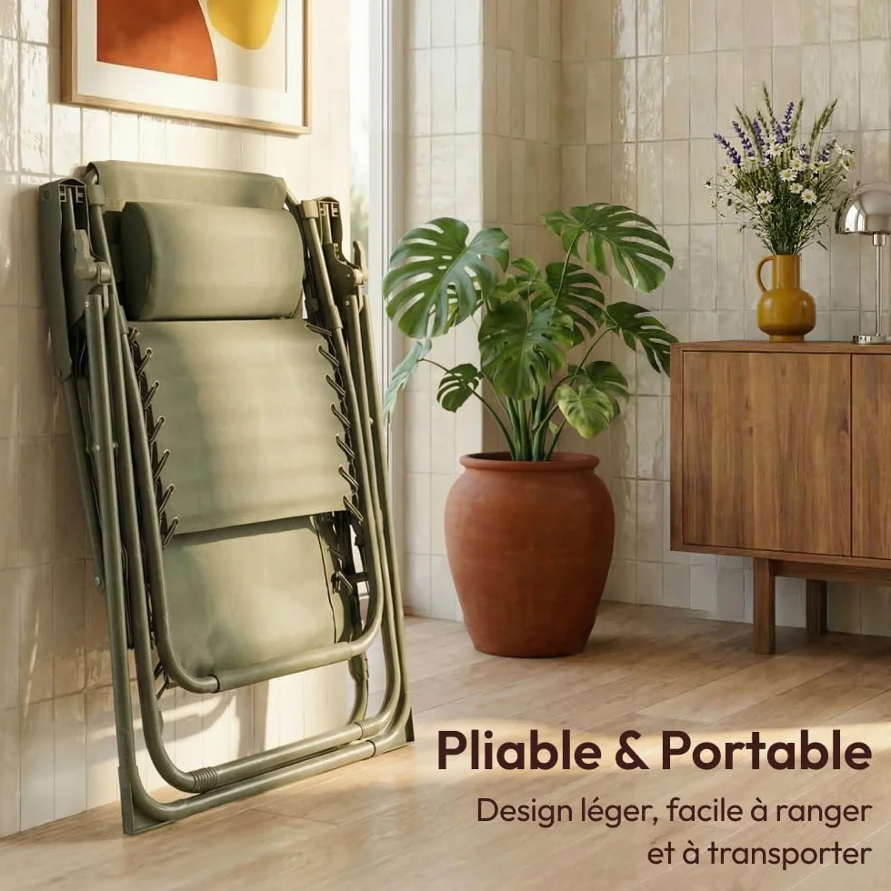 CASABEL Chaise Pliante Zéro Gravité Fauteuil Extérieur Inclinable Acier Anti-Rouille Toile Textilene Vert Sauge Coussin