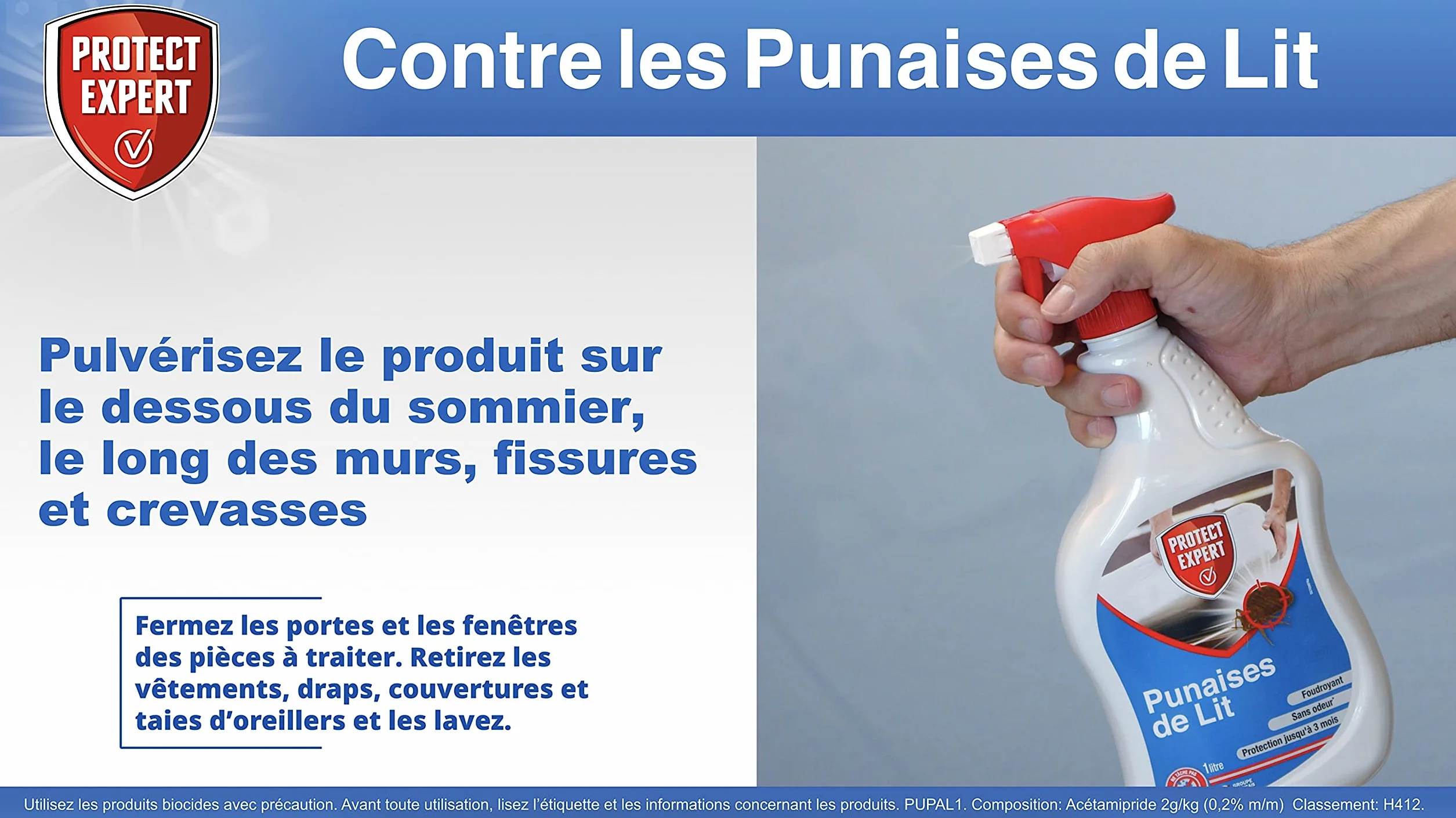 PROTECT EXPERT Anti Punaises De Lits & Acariens 1L - Élimine Larves et Adultes - Efficacité Longue Durée