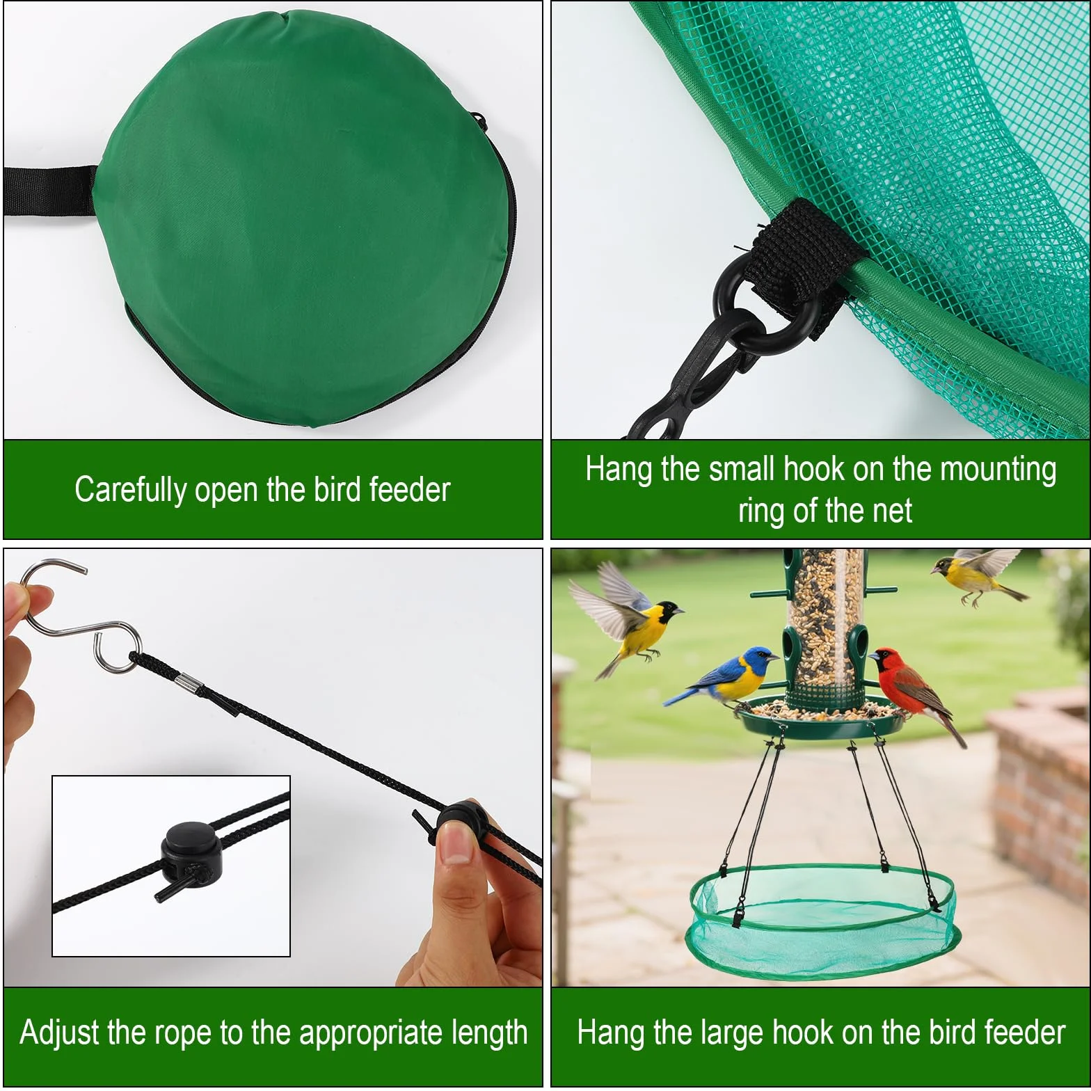 Lyreh Plateau Récupérateur de Graines pour Oiseaux 50cm, 8 Cordes Suspension 4 Sacs Rangement, Vert