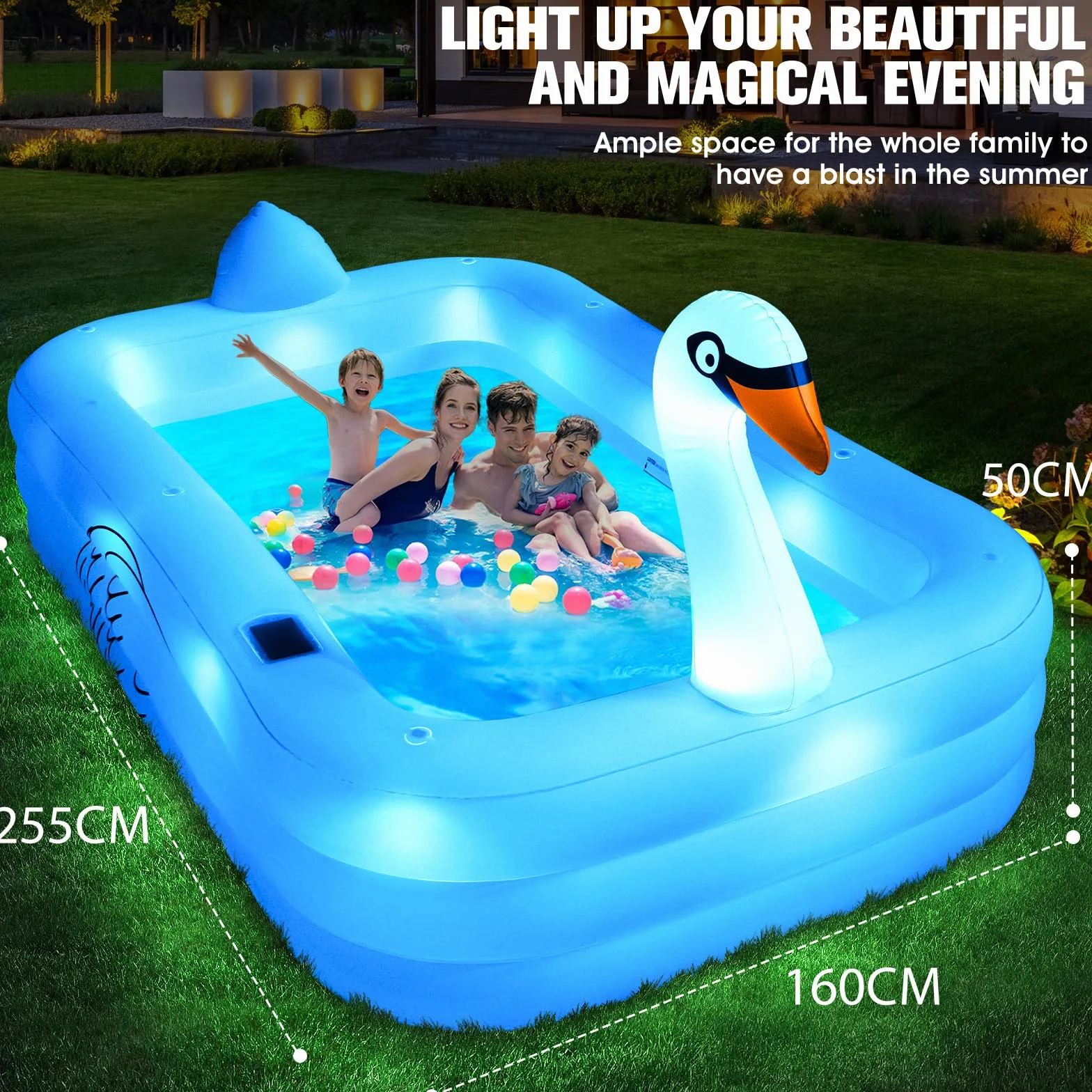 ChlorBlu Piscine Gonflable avec Lumières 255x160x50cm Rectangulaire pour Enfants et Famille