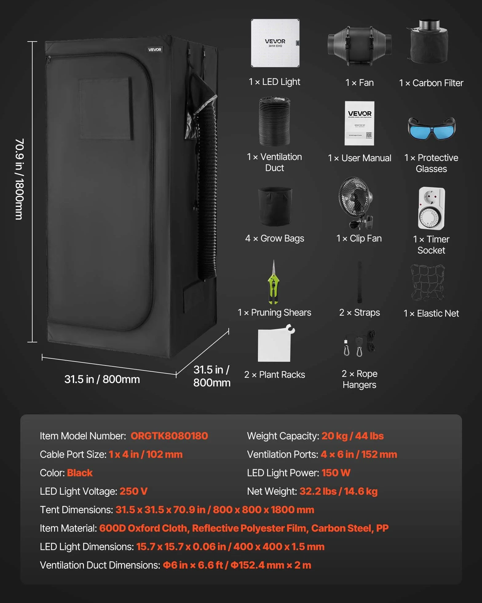 VEVOR Chambre de Culture 80x80x180 cm Kit Complet LED Spectre Complet Ventilation Mylar 600D