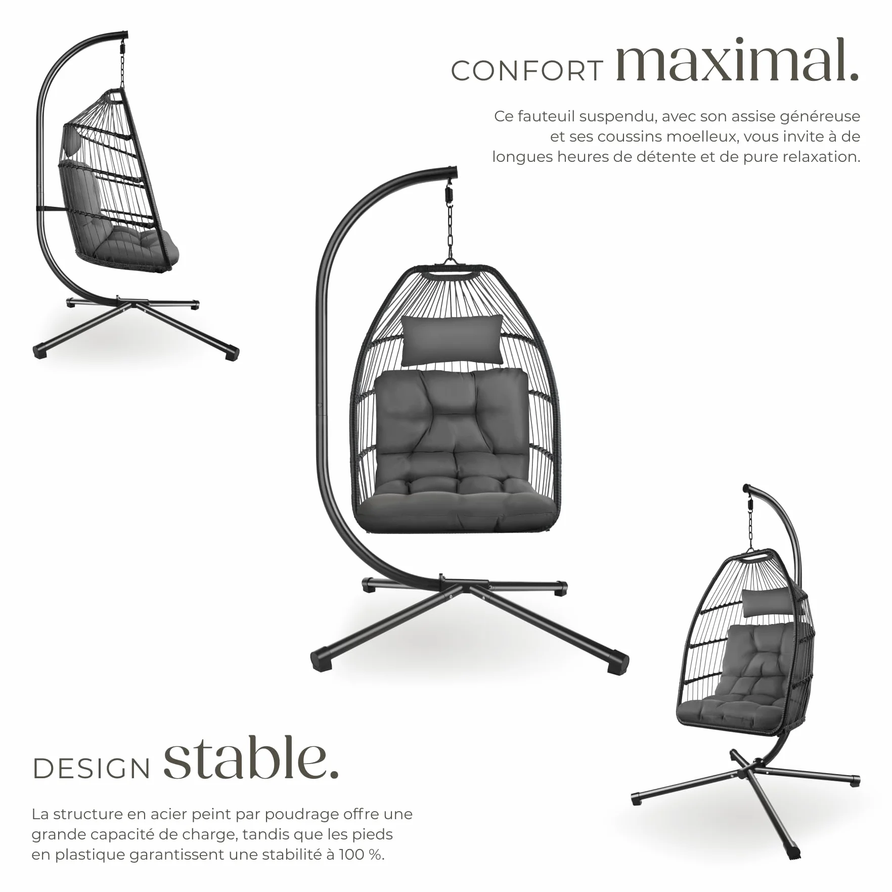 Tectake Fauteuil Oeuf Suspendu Chaise Hamac Balancoire Cocooning avec Structure en Acier et Coussin Épais