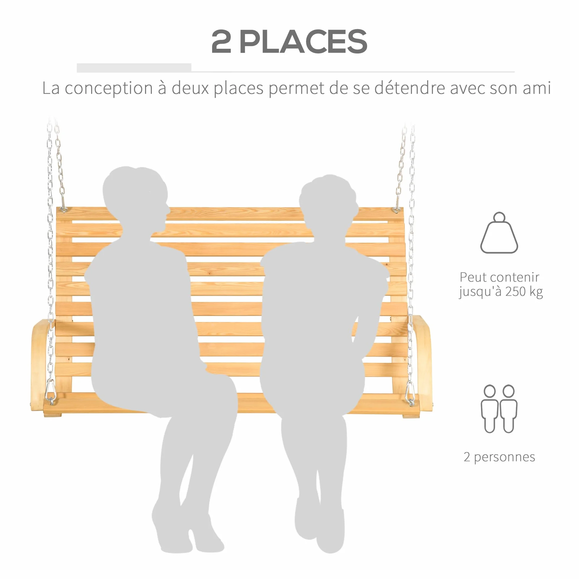 Outsunny Banc Suspendu 2 Places Balancelle de Jardin en Bois Naturel 141,5L x 51l x 78H cm
