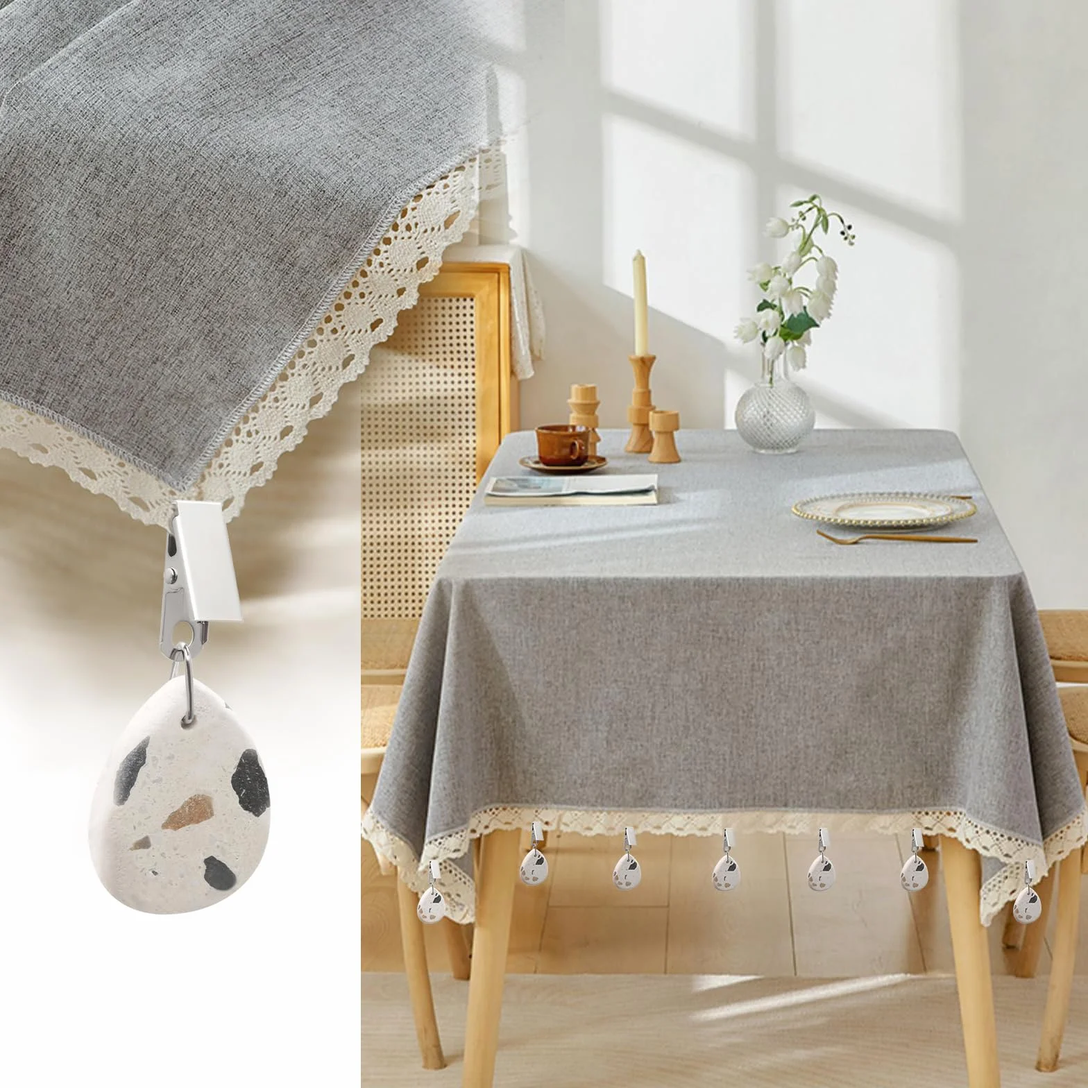 Pince avec Poids pour Nappe en Forme de Gouttelette, 8 Pièces Marbre Naturel, Poids de Nappe Anti Vent Lourds pour Table Exterieur