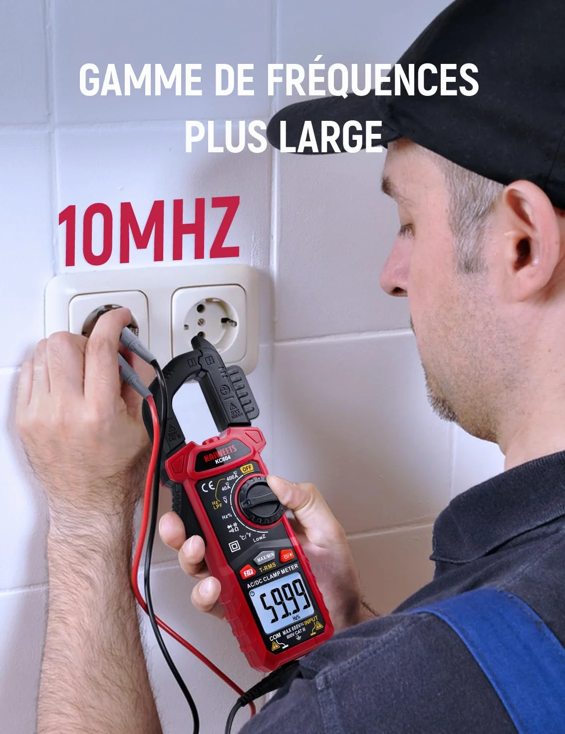 KAIWEETS Pince Ampèremètre AC/DC, Pince Multimètre Mesurer la Tension AC/DC/Courant/Température/Continuité/Diode/NCV, Pince Ampèremétrique avec Lampe de Poche, Rétro-éclairage, Mâchoire-D, KC604