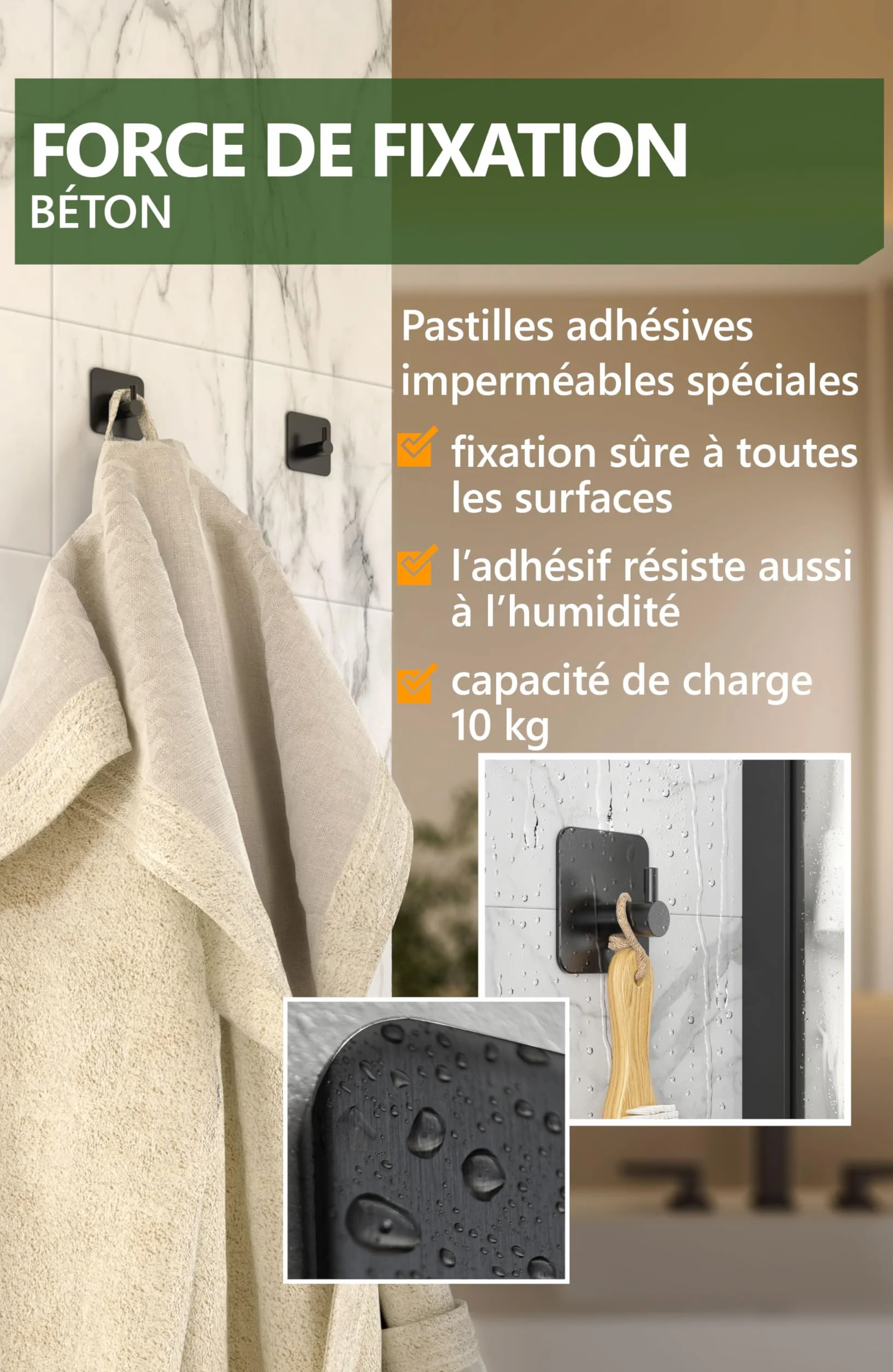 4smile Crochet Adhesif Mural - 6 Pièces, Porte Serviette Salle de Bain, Accroche Torchon Cuisine, Portemanteau Autocollant Acier Inox, Noir