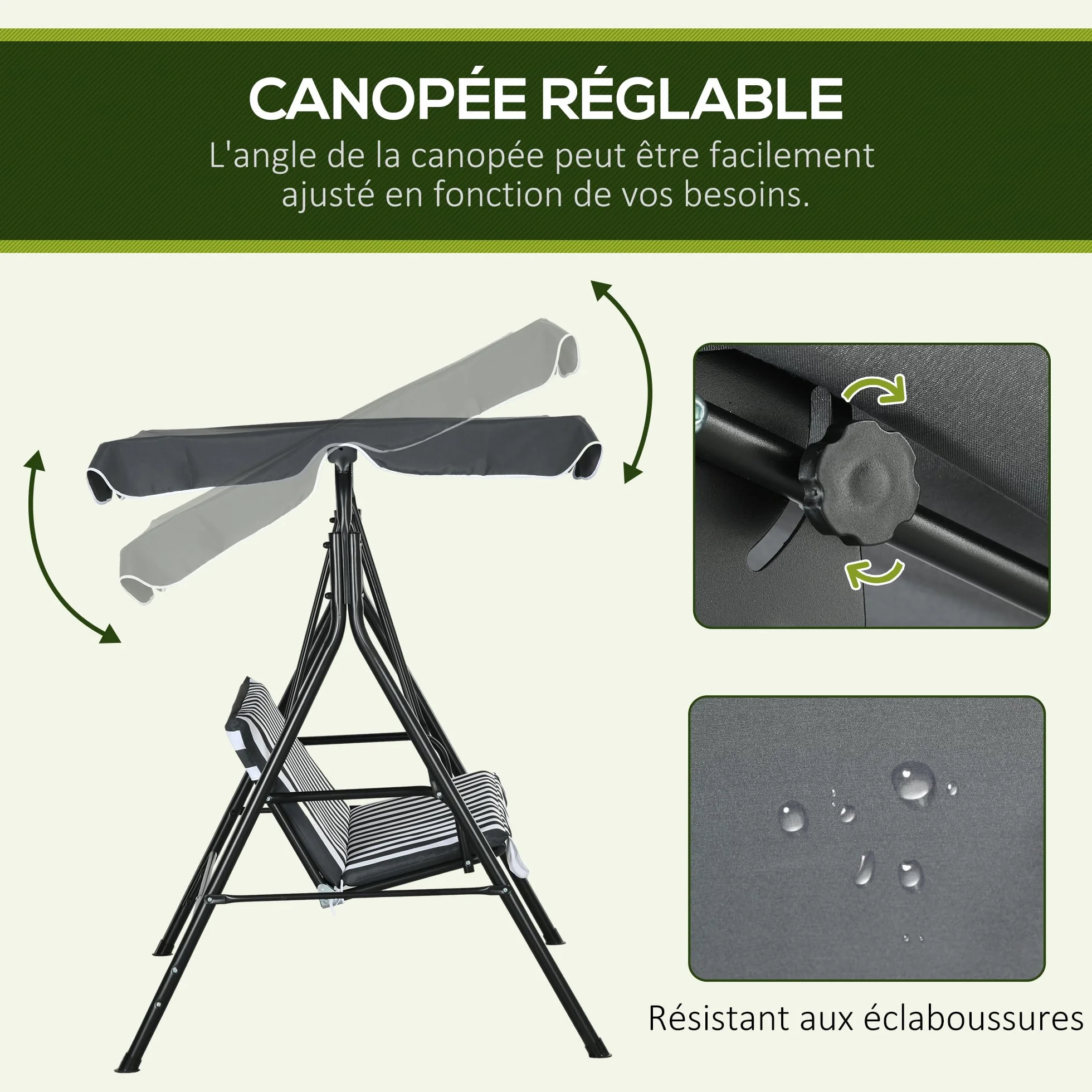 Outsunny Balancelle de Jardin 3 Places Toit Inclinaison réglable 1,72L x 1,1l x 1,53H m Acier Noir Polyester Gris