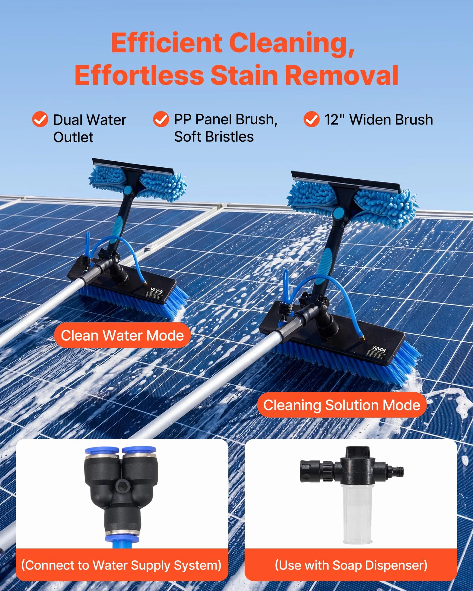 VEVOR Kit Nettoyage pour Panneaux Solaires 10 m Brosse Télescopique Nettoyage à Passage Eau Perche Alliage Alu pour Panneaux Solaires sur Toit, avec Tête de Brosse Rotative 180°, Distributeur de Savon