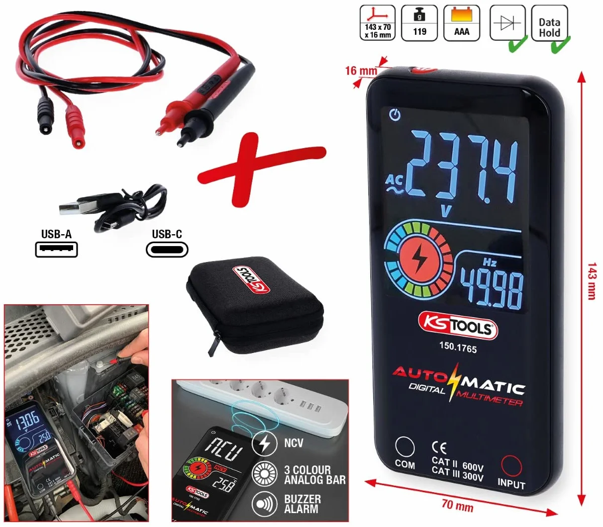 KS TOOLS Multimètre numérique automatique, pointes de test incluses 150.1765