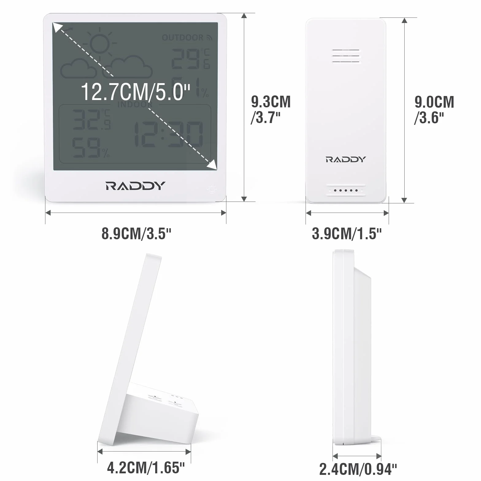 Raddy WF-50 Station météo sans fil thermomètre hygromètre intérieur extérieur 5" TN écran prévisions météo capteur à distance barométrique Blanc