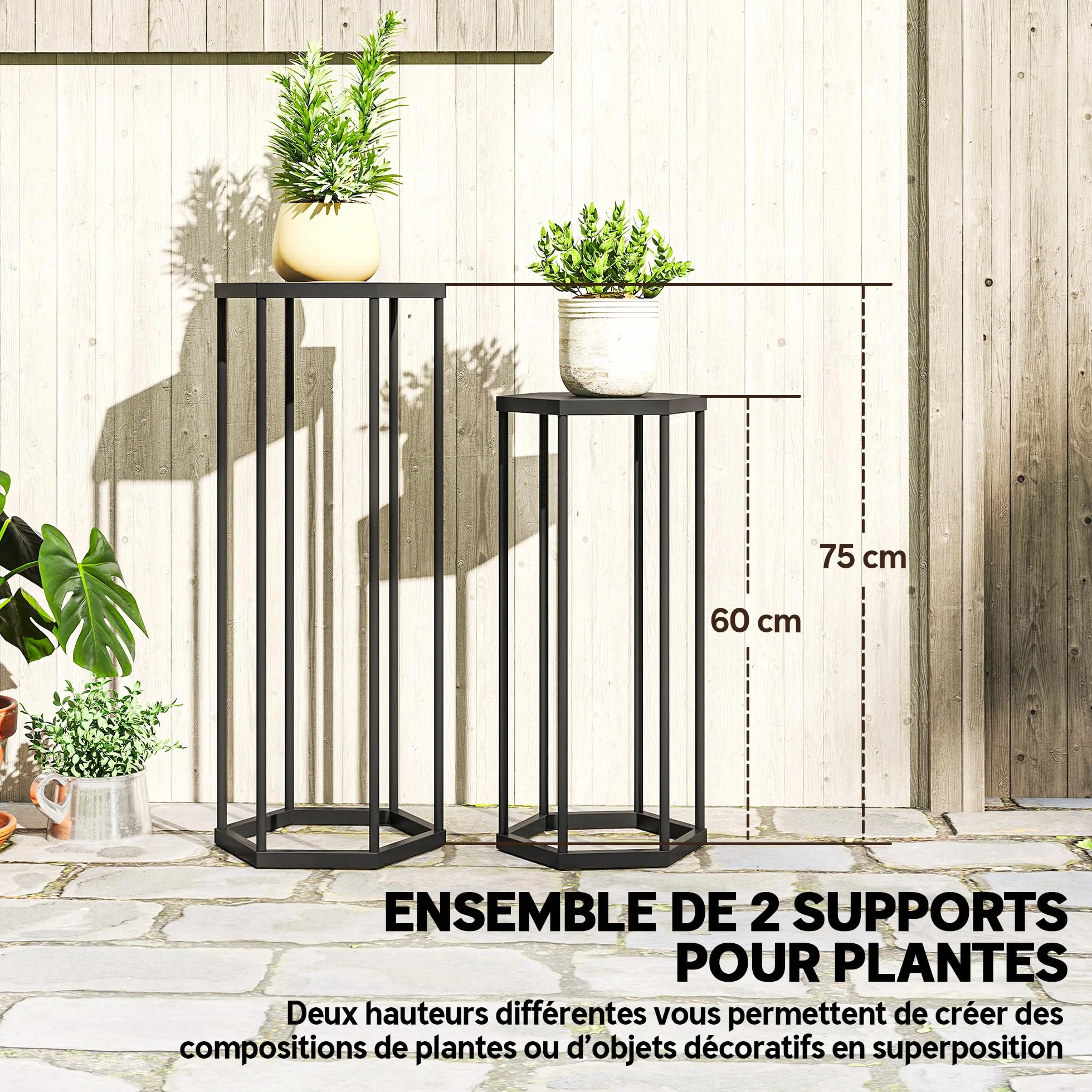 Outsunny Lot de 2 supports pour plantes hexagonal en métal noir, porte-plante haut intérieur extérieur