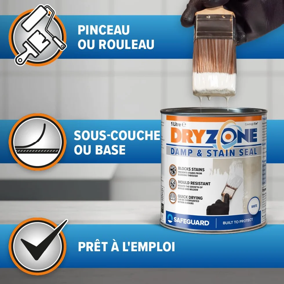 Dryzone Peinture Anti-Humidité et Anti-Taches – 1 L – Blanc Mat Intérieur – Recouvre taches d'humidité, d'huile... – Sous-Couche pour Plâtre, Ciment, Pierre & Mortier