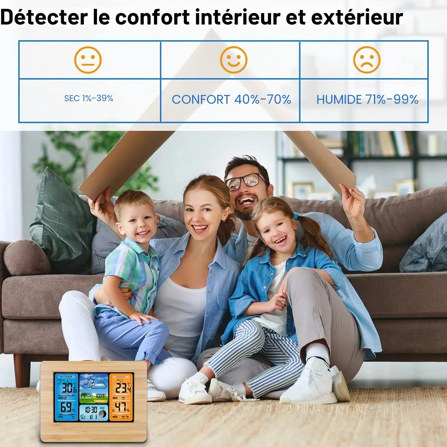 Station météo sans fil numérique avec thermomètre, humidité, baromètre, alarme et horloge à phase lunaire - Capteur extérieur