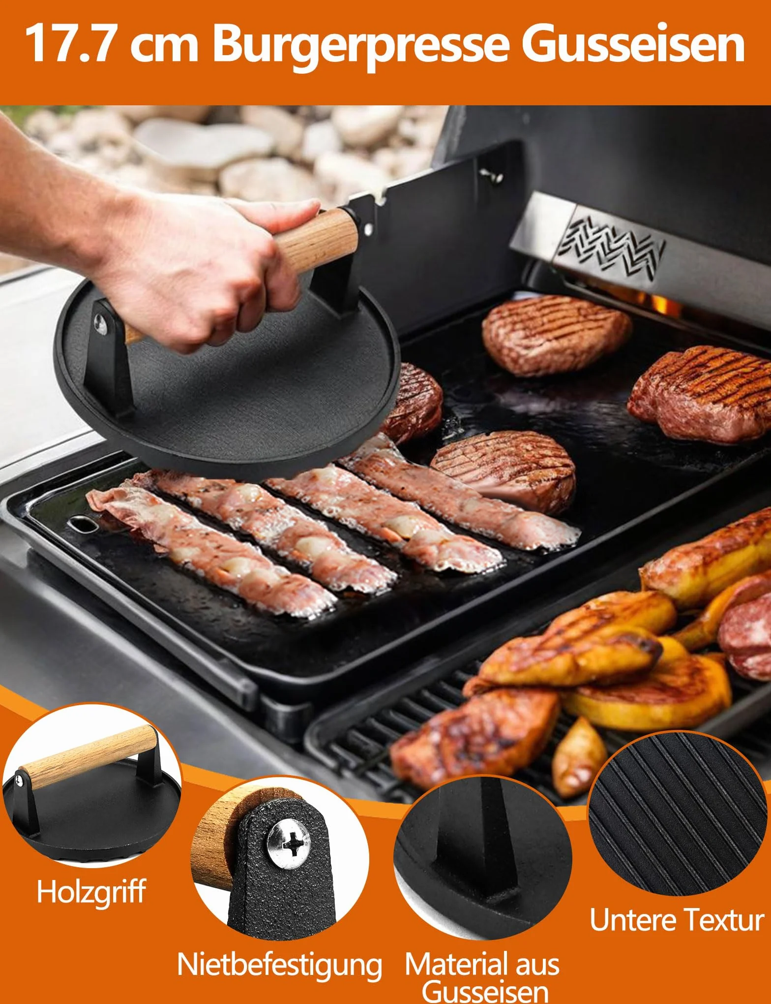 Kit Ustensiles Barbecue 4 pièces avec Presse Burger Fonte et Spatules Coudée Acier Inoxydable Cloche Plancha Smash Burger Press Set BBQ
