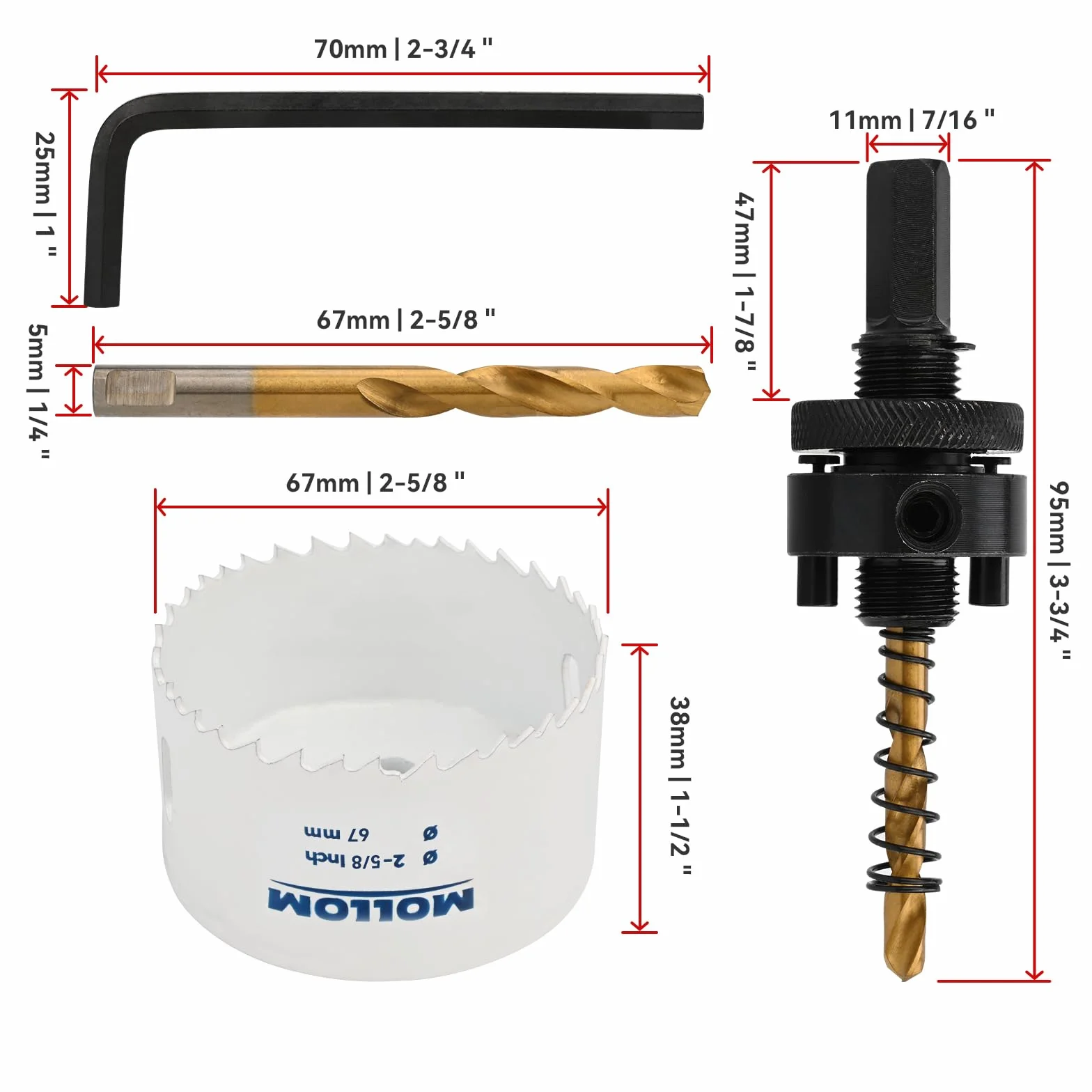 MOLLOM (67mm | 2-5/8") Scie-cloche bimétal HSS M42 avec 8% de cobalt avec 2 forets pilotes et mandrin, coupe lisse pour PVC, plaque de plâtre, bois, plastique, plaque de plâtre, caoutchouc