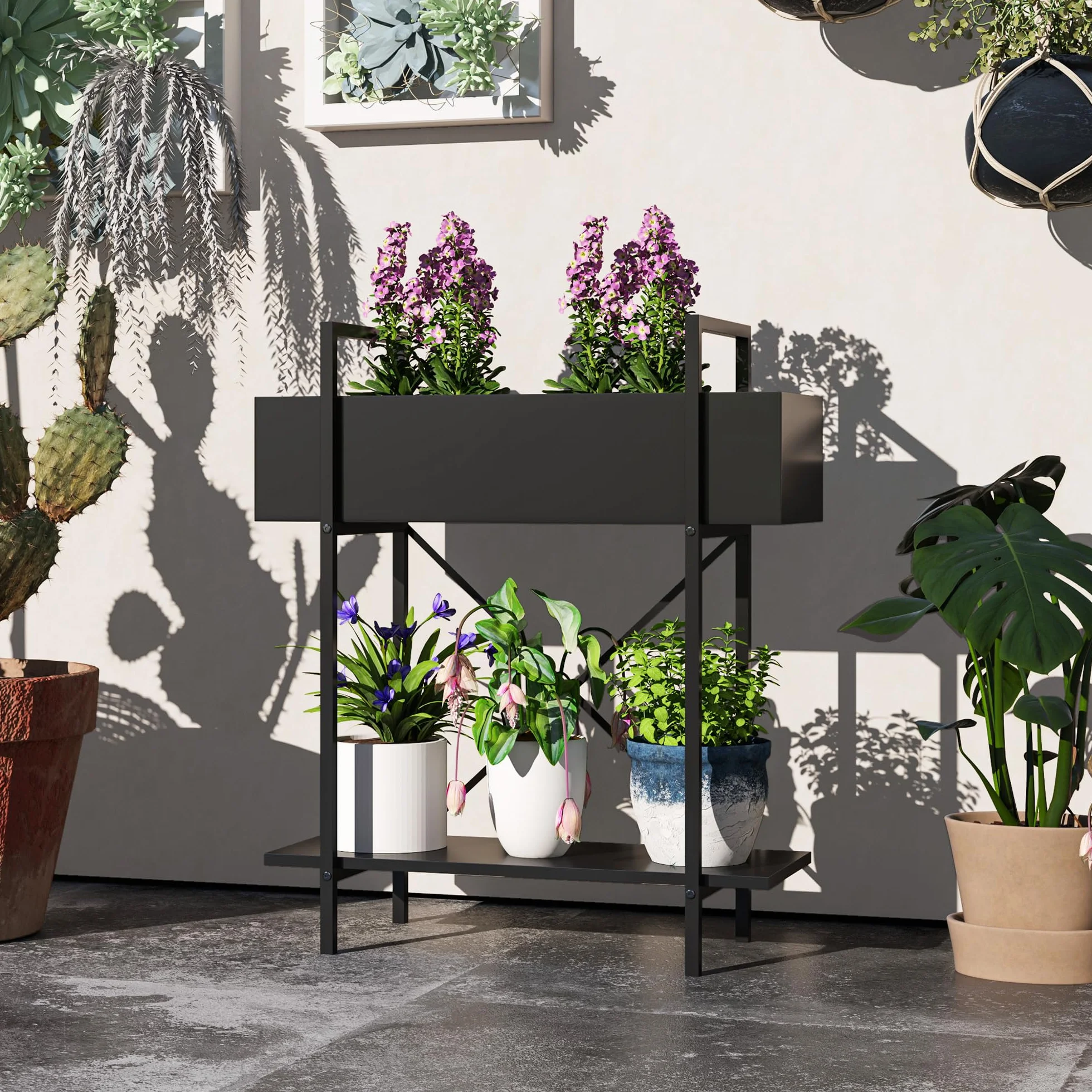 Outsunny Support plantes interieur 2 niveaux, porte plante en métal avec trous de drainage, noir
