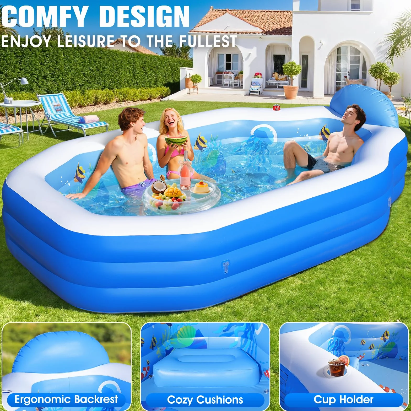 ChlorBlu Piscine Gonflable 300x190x55cm Rectangulaire avec Auvent Sièges pour Jardin Extérieur
