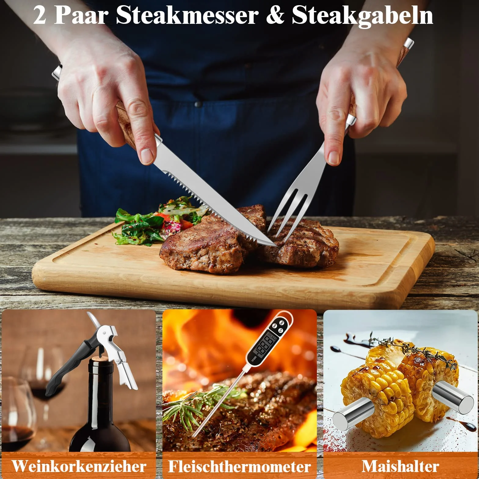 Grilliance Kit d'accessoires pour Barbecue Professionnel, 26 pièces en Acier Inoxydable avec Boîtier Aluminium Marron