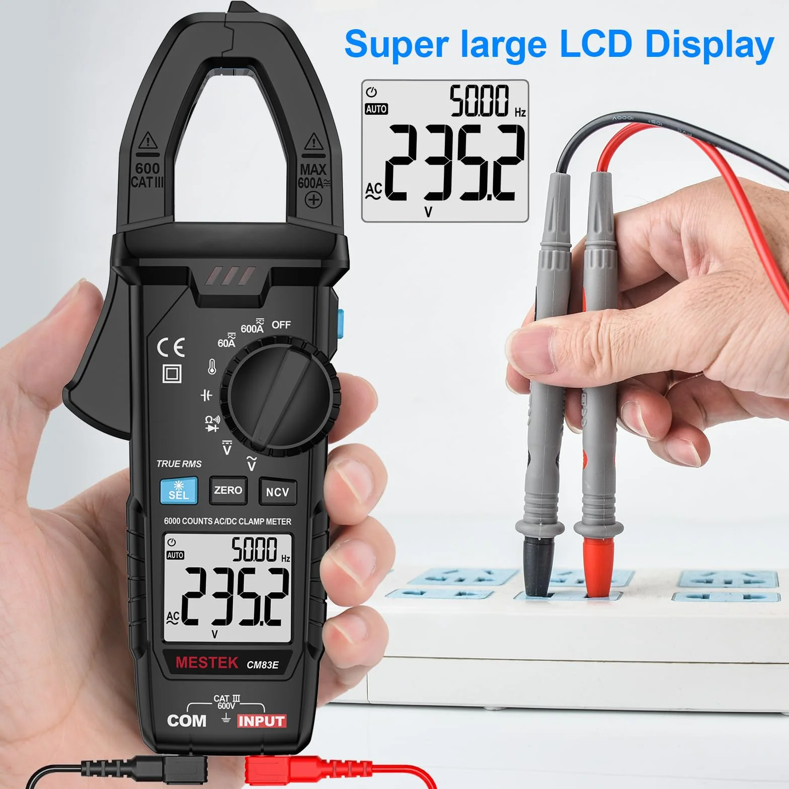 Pince Ampèremétrique Numérique AC DC MESTEK 0-600A Multimètre Clamp Automatique T-RMS Voltmètre Tester Mesure Courant/Tension/Température/Diode/Continuité/Résistance/Fréquence/Capacité NCV VFD Low-Z