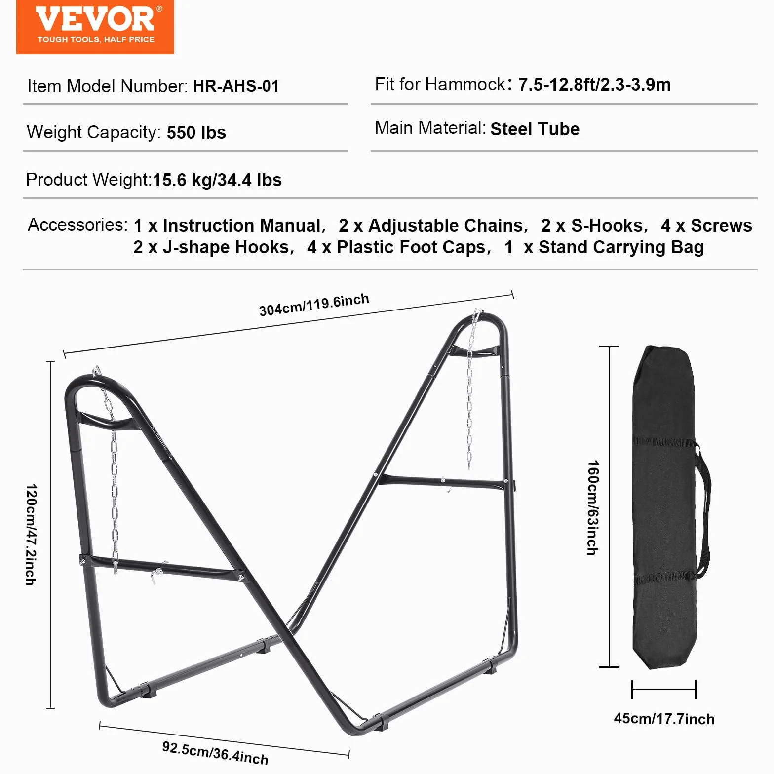 VEVOR Support de Hamac Portable 250 kg Cadre Universel Acier 2,3-3,9 m Réglable avec Sac de Transport