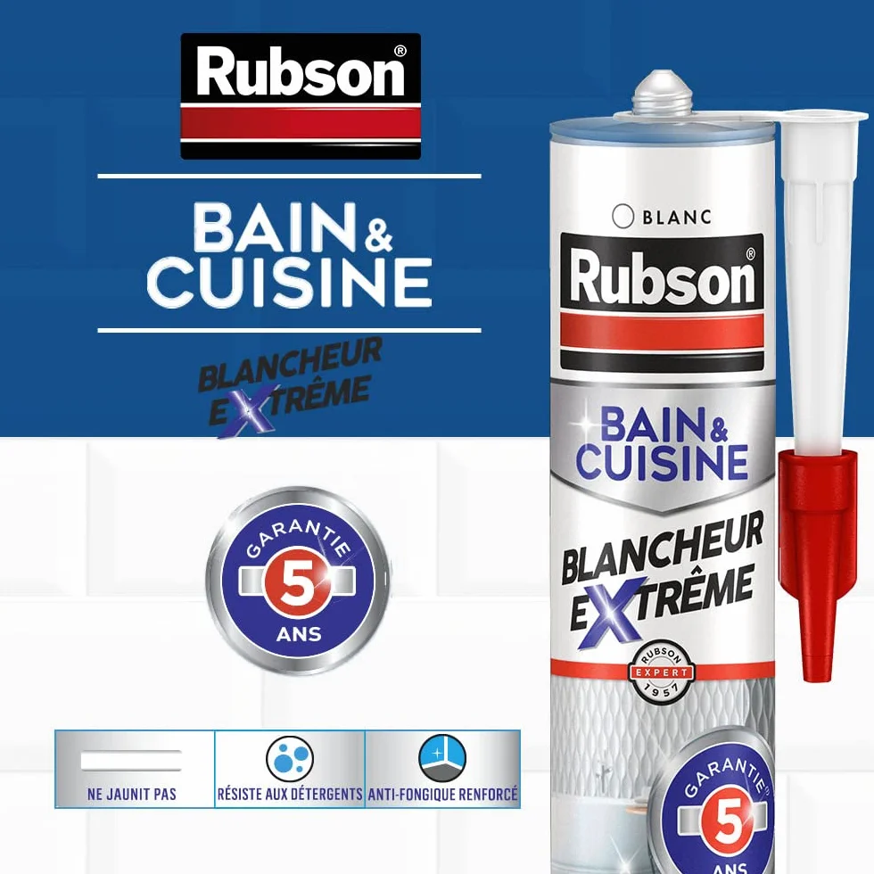 Rubson - Mastic Bain & Cuisine Blancheur Extrême (cartouche 280ml) étanche et anti moisissures à base de silicone - longue durée, Blanc