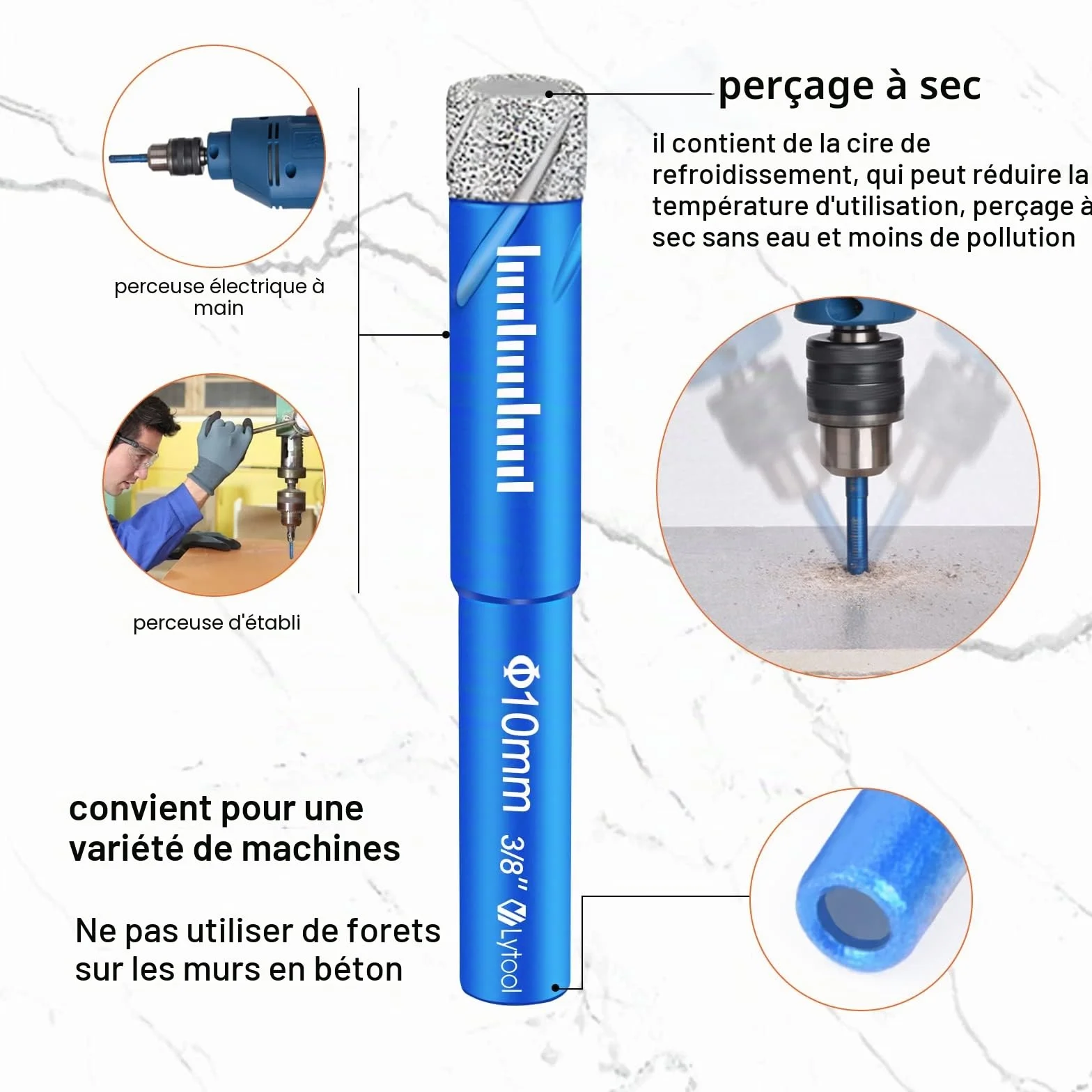 Lytool Foret Diamant, Foret Gres Cerame Forêt Carrelage,avec 5,6,8,10,12 mm, Metal pour Carrelage de 6mm, Meche Carrelage pour Céramique Verre Granit Marbre Quartz