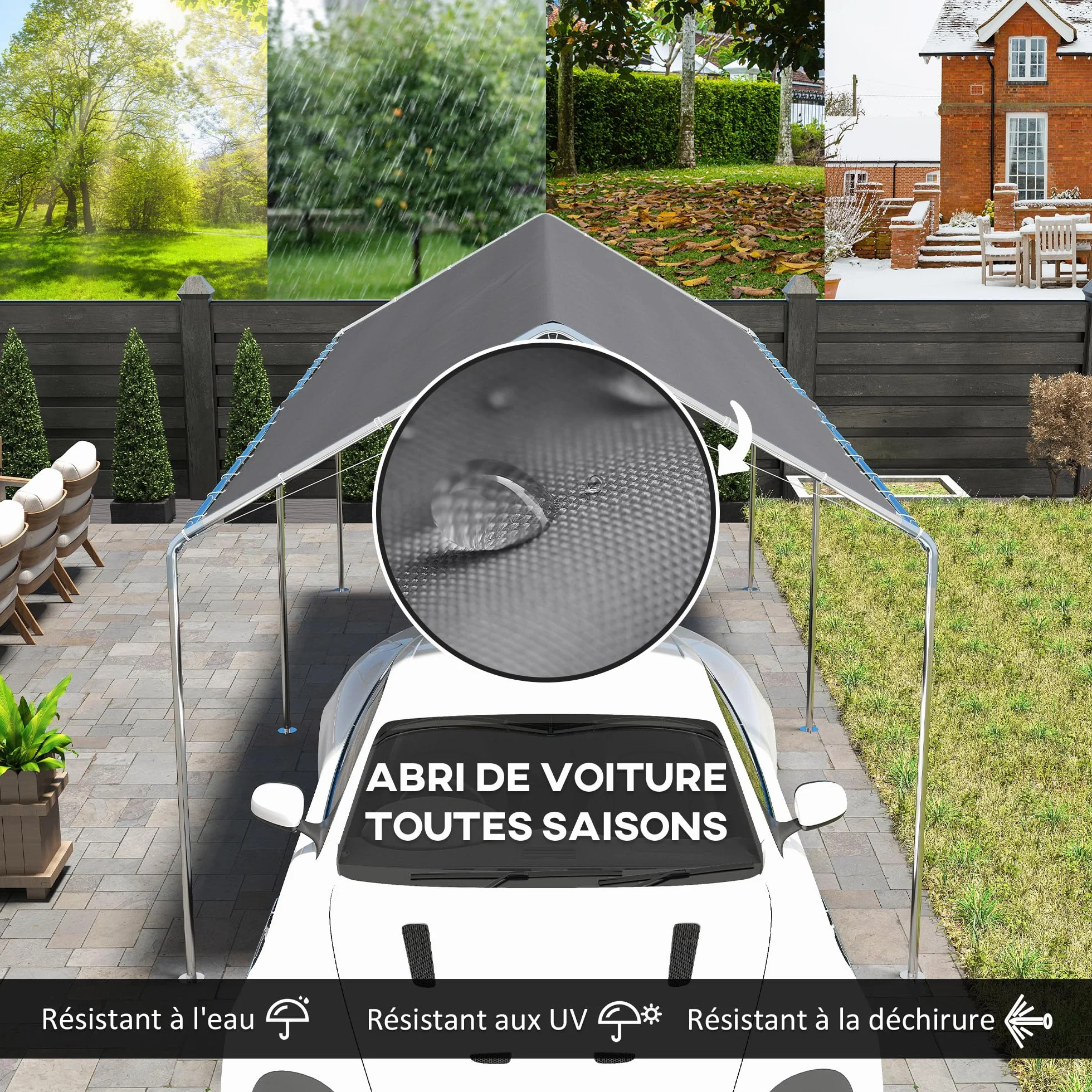 Outsunny Carport 6x3 m Acier galvanisé Toit PE Gris